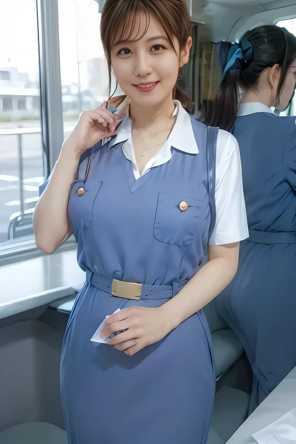 ( Masterpiece:1.2, top quality:1.2), 32kHDR, high resolution, ( alone、 in the seat)、(Rooftop of a building during the day、 professional lighting)、Building rooftop background、( Realistic Style Japan Air System Flight Attendant Uniform Blue )、(( Japan Airlines System Flight Attendant Uniform Blue Jumper Skirt with Pockets on Both Sides、 Japan Airlines System Flight Attendant Uniform Blue Jumper Skirt with Buttons on Pockets、 white short sleeve blouse 、 Light Blue Vest with Waist 、 Picture of a scarf ))、 thick brown hair、( long hair、 hair gathered、 hair gathered)、 thick brown hair、Long Hit、 big breasted 、 thin legs、(( amazing hands:2.0)),((harmonious body proportions:1.5)),((Normal limbs:2.0)),((Usually refers to:2.0)),(( Delicate Eyes:2.0)),((Normal eyes:2.0)))、smile、(Japan air system cabincrew uniform blueを見せた美しい立ち姿)、Hands crossed underneath