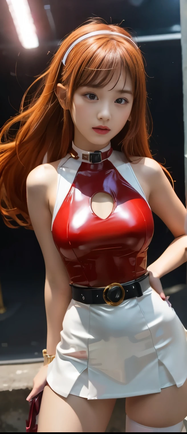 Fancy Idol Girl (burning red brown hair)、A pure girl's face、 hypo、、 White Latex Tight Mini Dress(Sleeveless)、Beat Belt 、、Glowing