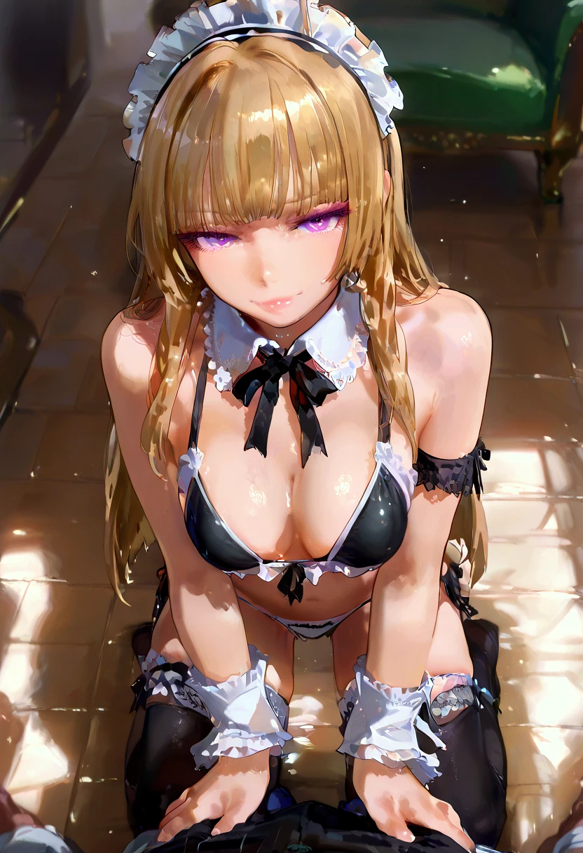 ((highest quality、High resolution、8K、masterpiece:1.3))、((((She sits and spreads her legs invitingly.、Pussy spread))))、(love juice)、dynamic angle、wallpaper、1 girl、unparalleled beauty、ultimate beauty、super detailed face、delicate eyes、smile shyly、sexy look、expression of ecstasy、Depth of bounds written、light particles、side light、long hair、(blonde、maid、maid服)、(Her skirt is flipped up and her pussy is exposed.)、(I'm tempting、Inviting to have sex)、nipples exposed、perfect body、beautiful breasts、big breasts、cleavage、Thighhighs、thighs、slim、slender、Old castle at night
