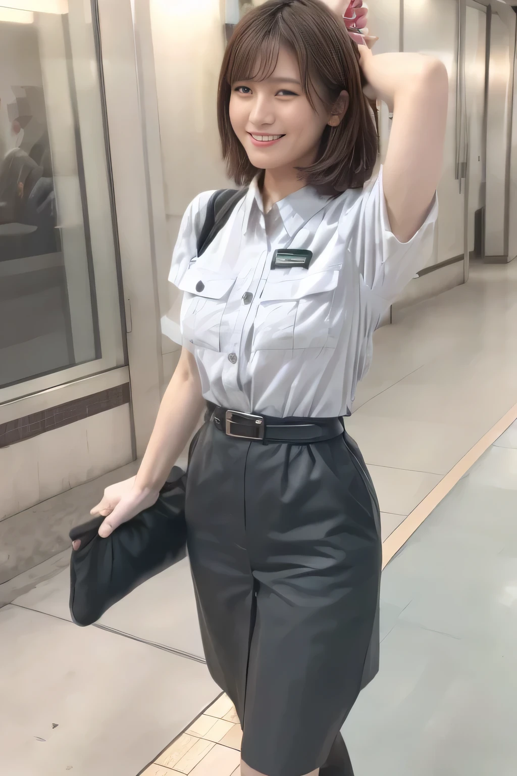 ( Masterpiece:1.2, TOP QUALITY :1.2), 32kHDR, high resolution、( Daytime building roof 、 professional lighting)、Building rooftop background、( Tokyo subway woman crew uniform )、( Tokyo subway woman crew uniform blouse short sleeve 、 above knee culotte skirt、 waist belt )、(Long brown hair )、( bundles hair )、 thin legs、(( amazing hands:2.0)),((harmonious body proportions:1.5)),((Normal limbs:2.0)),((The usual :2.0)),(( Delicate Eyes:2.0)),((Normal eyes:2.0)))、(Tokyo Subway woman crew uniform above knee culotte skirtを見せた美しい立ち姿) 、 with their hands crossed under their bodies 、 smile