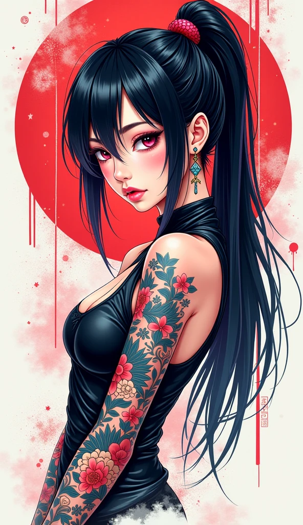 pink eyes, black hair, (pink highlights), Pink ribbon in hair, ((black background)), Official art, Unity 8k Wallpaper, Ultra-detail, Beautiful and aesthetic, masterpiece, Best Quality, (zentangle, mandalas, Tangle, Entangle), (fractal art:1.3) , 1girl, huge tits, extra thick thighs, Extremely detailed, Most Beautiful Form of Chaos, elegant, a brutalist designed, vivd colour, romanticism, Atmospheric, arms behind back, (((((anime style))))), thick body, think waist, big hips, intricate and ornate patterns, sitting, ((legs spread open)), 