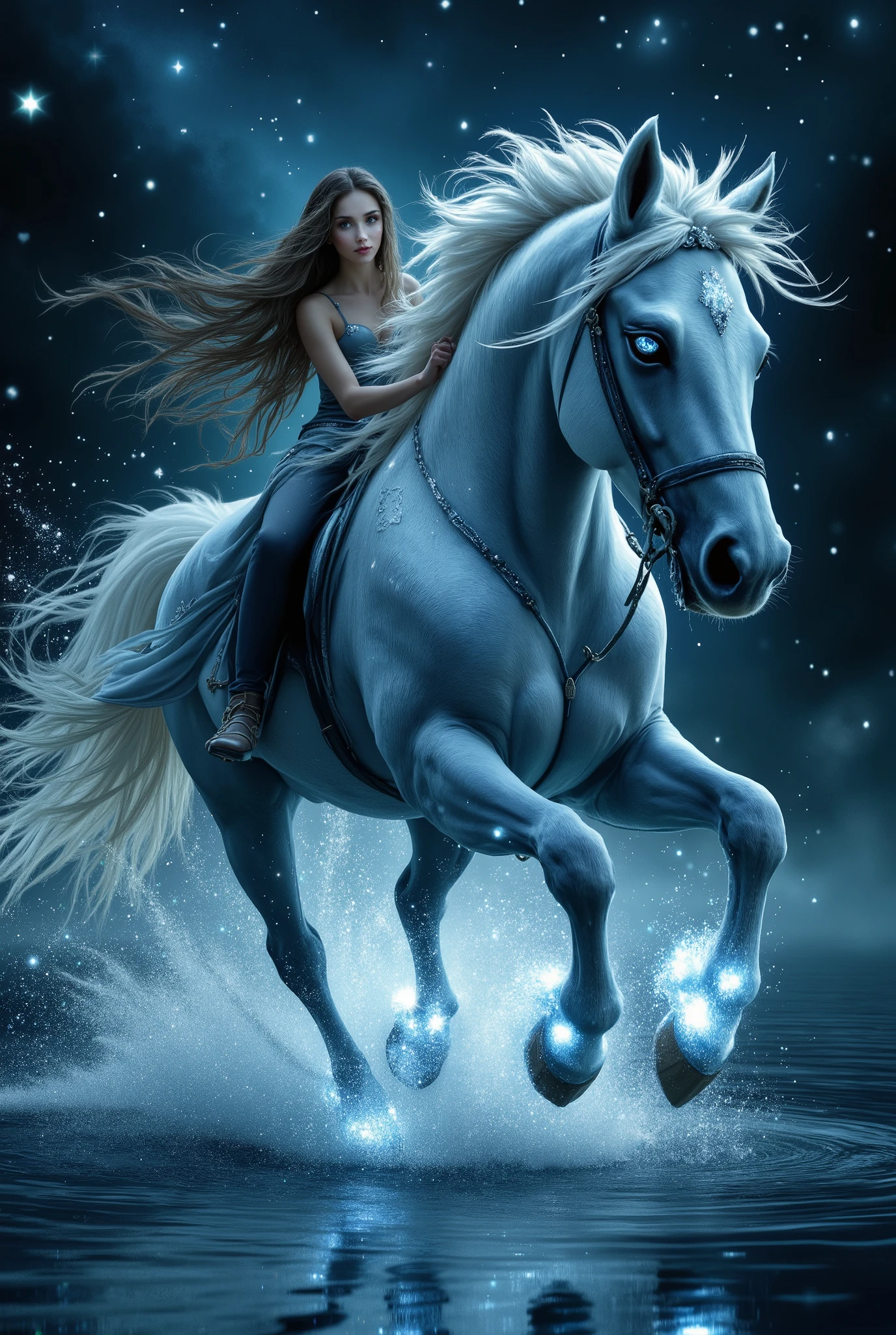 fantasy style, Girl Rides a Beautiful Horse with a beautiful long mane, sparkling eyes , runs on water , hooves glow with magical light , beautiful painting , splashes of water sparkle with silver glitter and glow , starry night , Mysticism, masterpiece, 8 k, complicated details, magic, best quality, maximum details , high resolution, clearly, Exactly, complicated details,