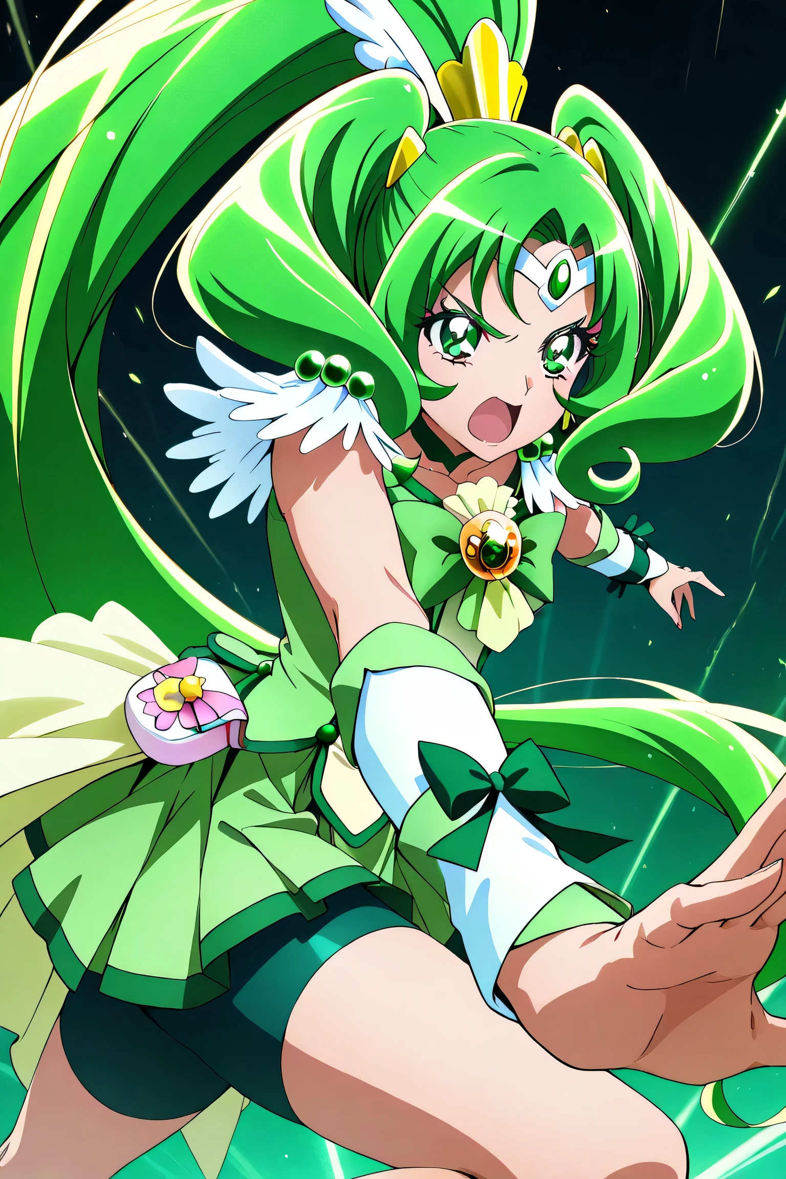 official style,masterpiece,best quality,newest,absurdres,highres,very awa,Anime,anime coloring,anime screencap,cure march,1girl,green eyes,high ponytail,tri tails,green hair,very long hair,hair ornament,wing ornament,jewerly,circlet,green choker,gold hairclip,green bow,green shorts,green skirt,bike shorts,shorts under skirt,green wrist cuffs,detached sleeves,angry,abstract_background,fighting_stance,beam from hand,open mouth,reaching,outstretched_arms,