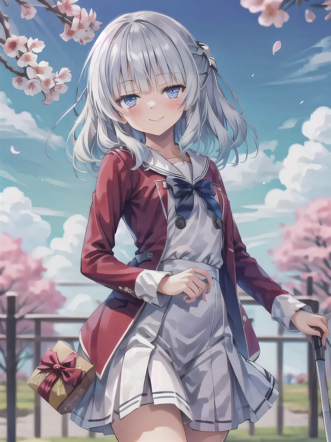 A stunningly beautiful 20-year-old woman stands in a lush green park full of cherry blossoms in full bloom under a clear blue sky. She is wearing a classic sailor uniform and holds a neatly wrapped gift box with a red ribbon in both hands in front of her chest. The box is small, wrapped in decorative paper, and tied with a bow. She looks very happy, with a radiant and joyful expression.A stunningly beautiful 20-year-old woman stands in a lush green park full of cherry blossoms in full bloom under a clear blue sky. She is wearing a classic sailor uniform and holds a neatly wrapped gift box with a red ribbon in both hands in front of her chest. The box is small, wrapped in decorative paper, and tied with a bow. She looks very happy, with a radiant and joyful expression.  Silver hair, long hair, carries a crutch.