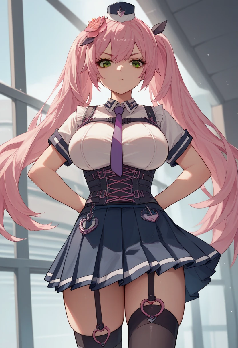 masterpiece, best quality, absurdres, illustration, 8k, perfect shadows,perfect lighting,hdr, ambient lighting,realistic, ultra-realistic, cowboy shot, Photo realistic,(hyperrealistic:1)textured skin,shiny skin,skindentation, beautiful body, (blush:1.2)Trieste,pink hair, green eyes  (wearing school uniform,sideboob, neck tie, tie, black skirt, heels,thighhigh socks) (large breasts,hourglass body, thin waist,very slim waist)extremely detailed face,detailed eye makeup, detail face, nice detailed eyes,nice hands, perfect hands (realistic pupils,realistic iris:1) heavy eye makeupstanding,standing at attention,side view,arms behind back,waiting for orders,(public restroom)  