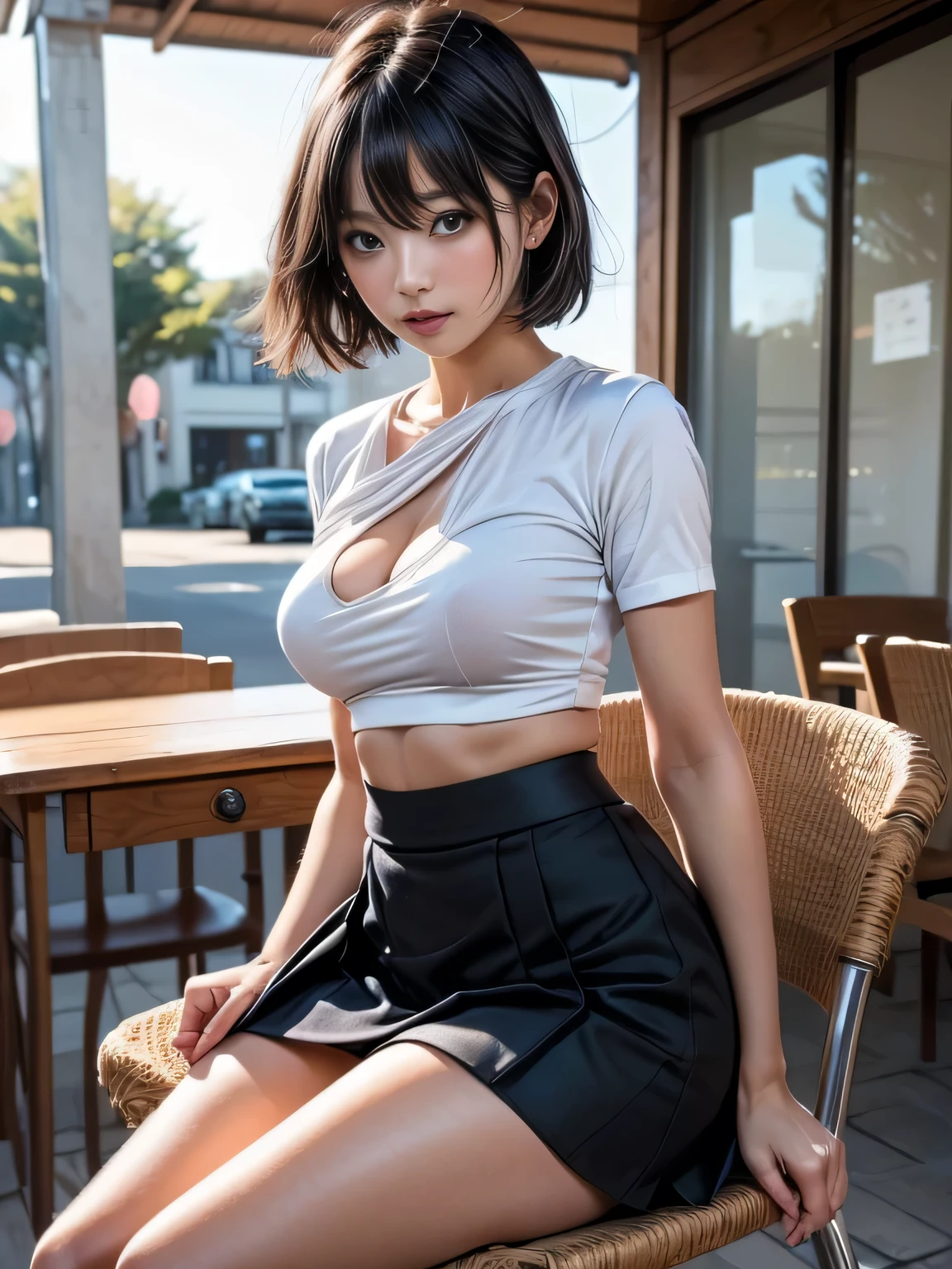 highest quality, masterpiece, high detail, 16k images, beautiful , medium bob hair,薄茶色のbeautiful髪, ライトブラウンのbeautiful目, (Plump big breasts), high school uniform, constricted waist, short sleeve white blouse, Wearing navy blue panties on the lower body, High school girl sitting by window in café, blush, Behind the window, Rain falls softly, 街の明かりがbeautifulシーンを演出,Panty exposure,Panties are clearly visible,perfect anatomy