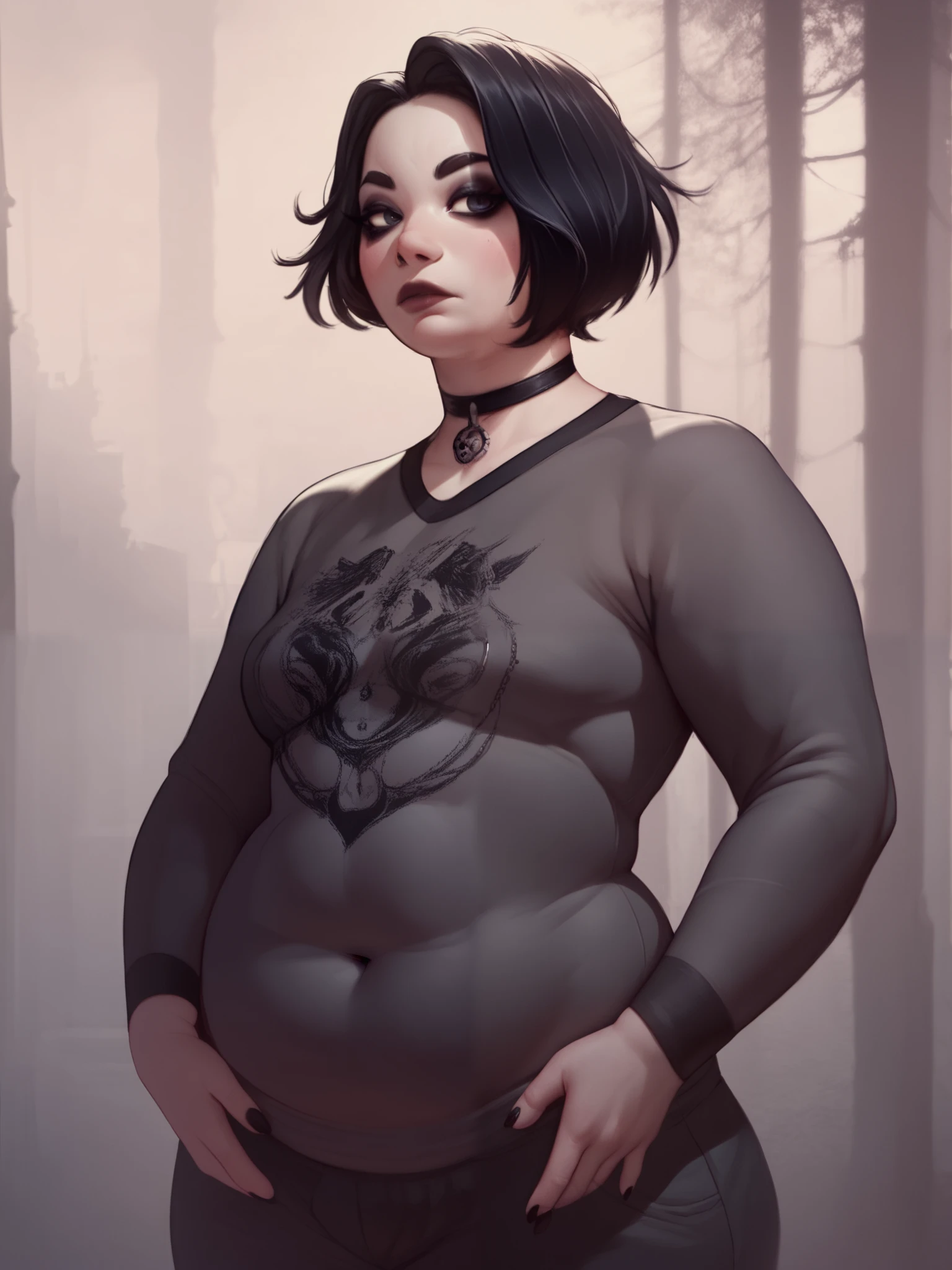 masterpiece, best quality, high quality, doomer girl, goth gf, standing, chubby
