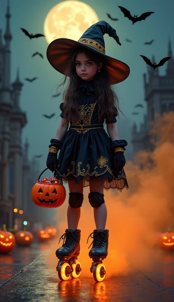 A girl in a pumpkin-shaped costume,ssmile, Trick or treat without sugar,Clothing ideas,Vibrant colors, Surreal, (Autumn leaves), glittering stars,(Enchanting Moon),(A path leading to the Kasbah),dark palette,Subtle orange and red,grave stones,mystical aura,(Remote location),(the bats:1.1),Bats fly overhead,black cats,hauntingly beautiful,Celebrate the celebrations,Magical tricks,Youth and innocence.(Best quality,4K,8K,A high resolution,Masterpiece:1.2),Ultra-detailed,(Realistic,Photorealistic,photo-realistic:1.37).