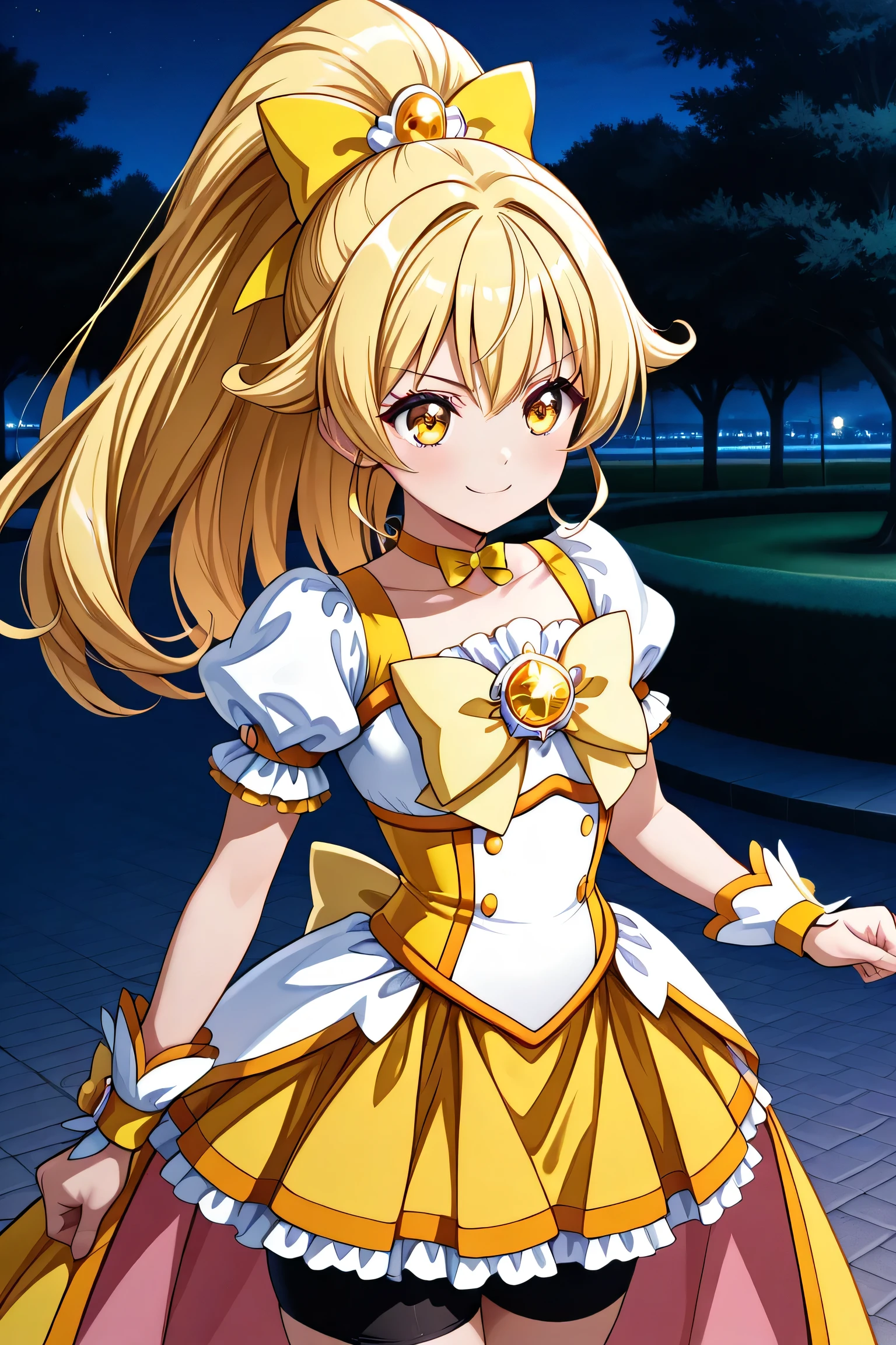 3d, 1girl, solo, curepeaceatoz, magical girl, blonde hair, ponytail, wide ponytail, hair flaps, hair ornament, yellow eyes, choker, shirt, puffy short sleeves, wrist cuffs, yellow bow, neck bow, skirt, waist cape, bike shorts, bike shorts under skirt, cowboy shot, serious, smile, fighting stance,, outdoors, park, night,