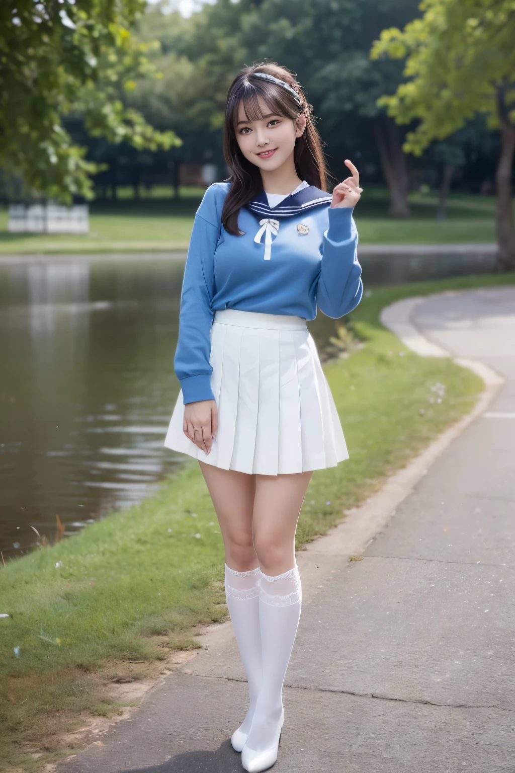 Best quality, full body focus, full body shot, perfect face, soft light, ultra high res, 8k, Masterpiece, , , view the viewer, full body , Front view, (1girl:li:1.3), , Cute face, (blue eys:1.5), (Dark brown Medium hair), beautiful medium breasts, , Beautiful boob, Beautiful finger, Beautiful hands, Beautiful arms, Beautiful feet, Beautiful legs, (high resolution detail of human skin texture) , ((white long sleeves sailor uniform, white pleated skirt, knee-high socks, white with lace trim, white pin high heels)), , Spring Lake Side,, , (( Standing, , smiling, nose blush) , )) , ,score_9, solo, no bra, no panties, ,