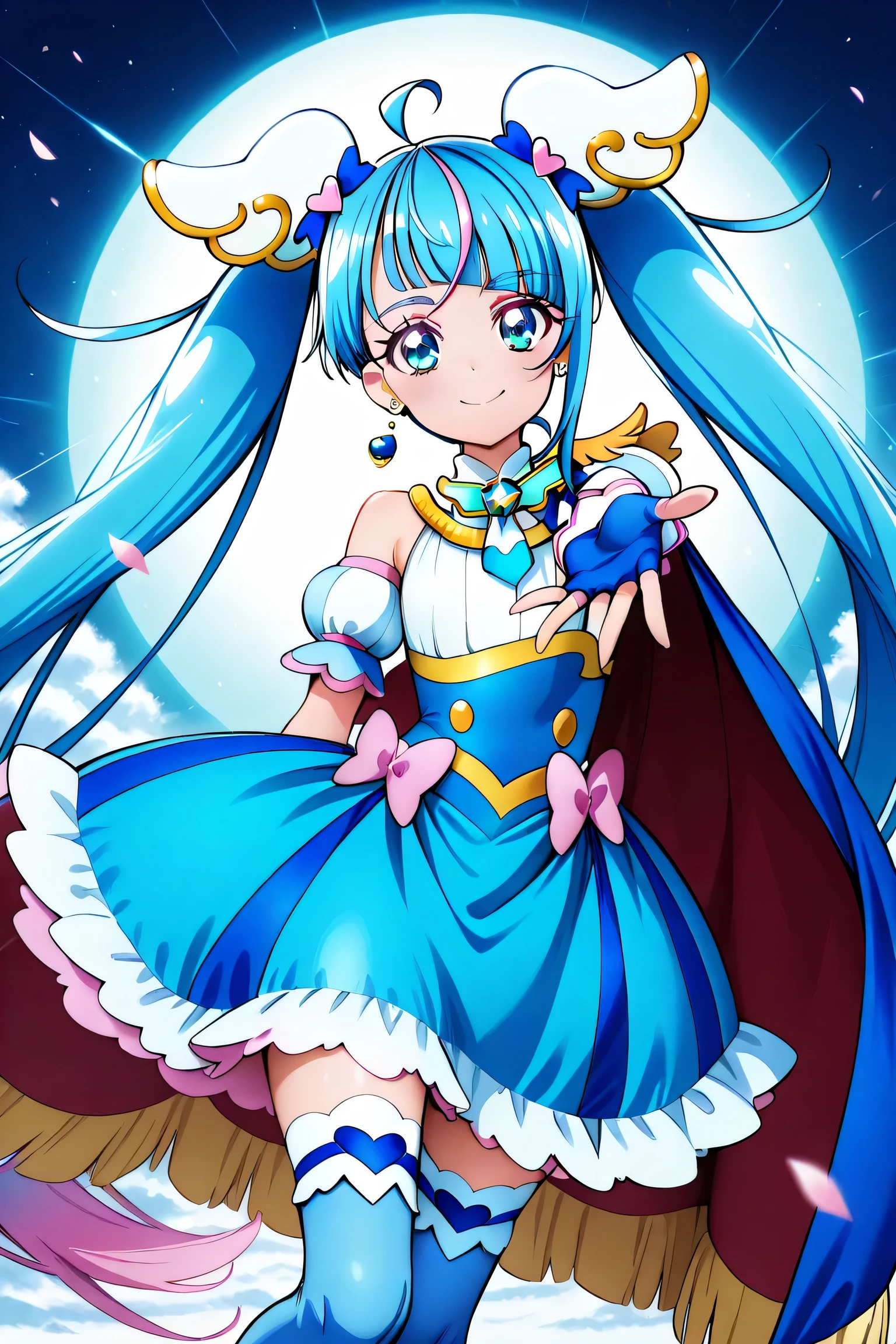 masterpiece, best quality, looking_at_viewer, smile, closed mouth, reaching out,
1girl, cure sky,
dress, twintails, gradient hair, ahoge, blunt bangs, head wings, fingerless gloves, white shirt, puffy detached sleeves, cape, thighhighs, blue legwear, gem, single earring,