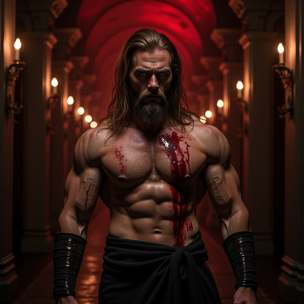 {
"prompt": "A highly realistic and emotionally evocative depiction of Jesus Christ during the Passion, shortly before the crucifixion. He is standing, but with difficulty, after having endured severe scourge. Your body is wounded, with deep and visible wounds from the lashes on his back, arms and legs. Your face is marked by sweat, blood and a deep expression of pain and sadness. Their eyes, although full of agony, convey a feeling of compassion and love. The crown of thorns rests heavily on his head, with thorns piercing your skin, making the blood run down the forehead. The background is dark and gloomy, emphasizing the gravity of the moment. The general atmosphere is one of immense suffering, but also of divine strength and endurance."
}