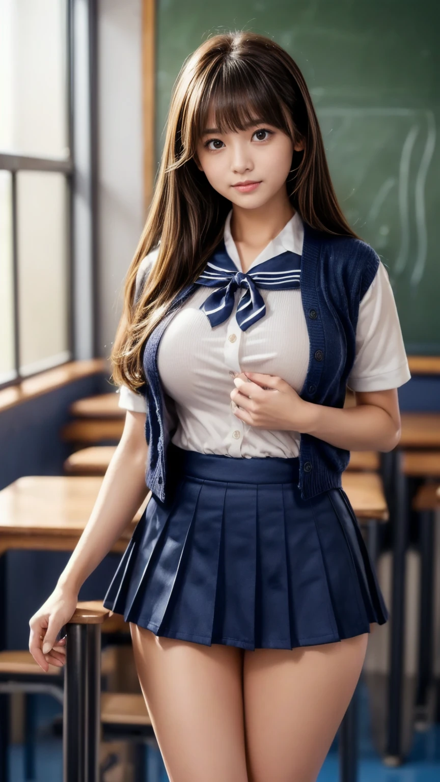  Masterpiece, TOP QUALITY, very detailed, high resolution,(  exists,photo  exists:1.37), on an anatomically accurate stepladder , beautiful woman, Sexy Pin-Up Model ,(well-proportion:1.3),( school classroom background),smile, high school girl,(cowboy shot:1.3),(Focus on thighs:1.3),( high school girlの制服, sailor suit :1.3), red tie, shirt, blazer, cardigan with hands,Deep waistline,(navy blue super short micro mini skirt:1.3), beautiful face, cute type,Baby Face, slightly round face, big eyes, beautiful eyes, brown eyes,Obvious double, Small and Cute Nose , glossy lips, Big Natural Colored Lips, long light brown hair , asymmetrical bangs,Beautiful Bangs, character focus, tilts her head,The best light, best shadow, MYSTERIOUS IN ANOTHER DIMENSIONS , perfect face, very detailed,Soft skin,( Growing Skin , sweaty :1.2),( beautiful legs, thighs are thick,Big Breasts, perfect body),( expresses the roundness and softness of the bust ..........1), beautiful body,(Perfect Woman),(feet),( figure like a balanced model :1.3),(活動的で活気のあるエネルギッシュな high school girl:1.3)