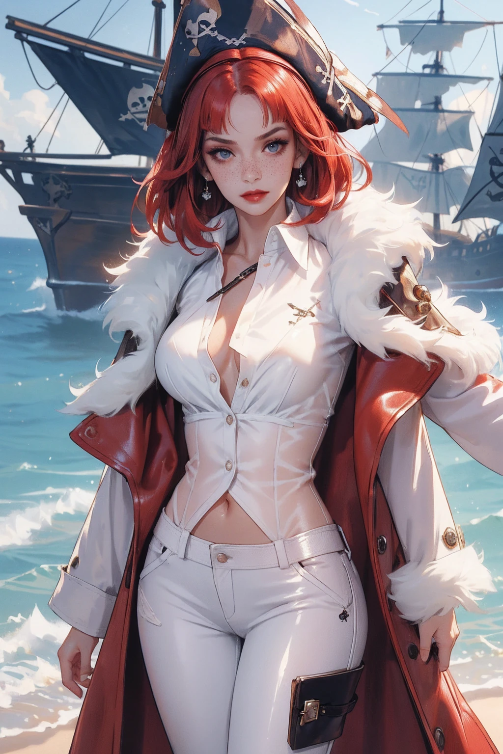 gwen tennyson,tracer,elsa,reisalin stout, nier automata,teenager,pirate outfit, beach,green eyes,long scarf,thigh high boots,garter belt,shy smile,striped panties,short hair,orange hair,pirate ship,white striped top,denim micro skirt,wet shirt,freckles,redhead,pirate corset,pirate jacket,beautiful girl,large breasts,ultra detailed,realistic,pearl earrings,
