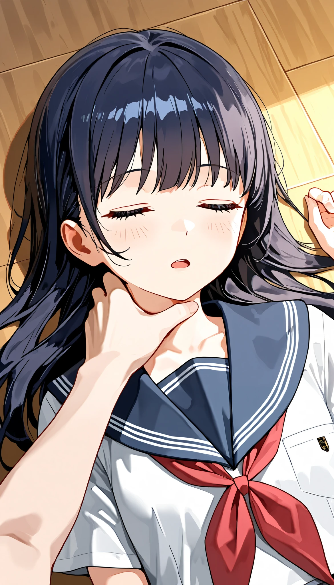   an unconscious girl  .  IN SCHOOL UNIFORM,    is lying on the floor ,   closed eyes,   open mouth , Language slightly  .  her shirt was down   , She can see  ,  someone else's hand checks the pulse   .    the woman put two fingers to the girl's neck