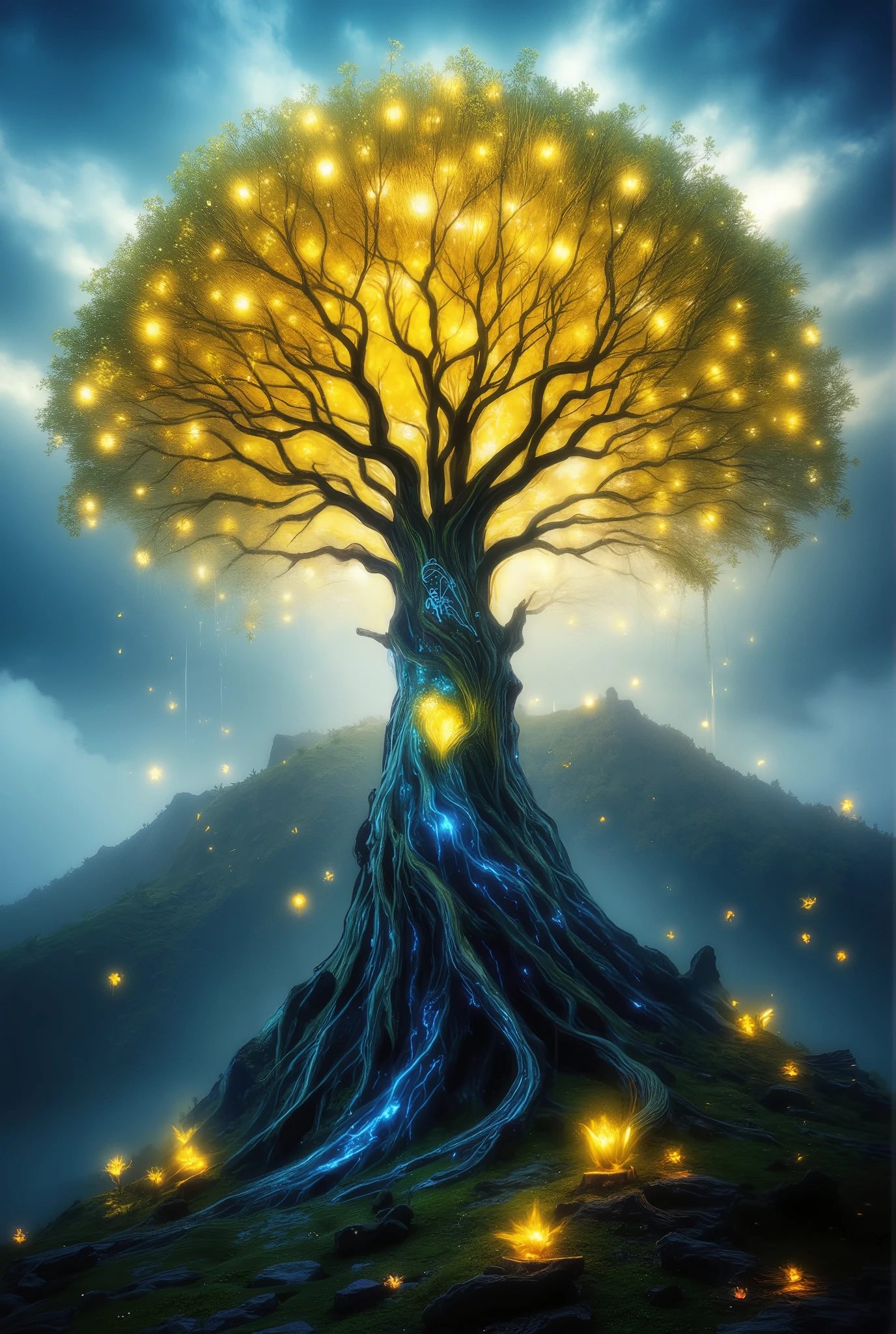 fantasy style, A beautiful tree with golden apples sparkling , the tree shimmers with blue and green light , The bark is very beautiful with ancient runes glowing on the bark , A tree on a high ground with petals and beautiful flowers circling, gentle clouds and beautiful colors , going to the night time , masterpiece, 8 k, complicated details, maximum quality , best quality, Beautiful painting , excellent image, high resolution,