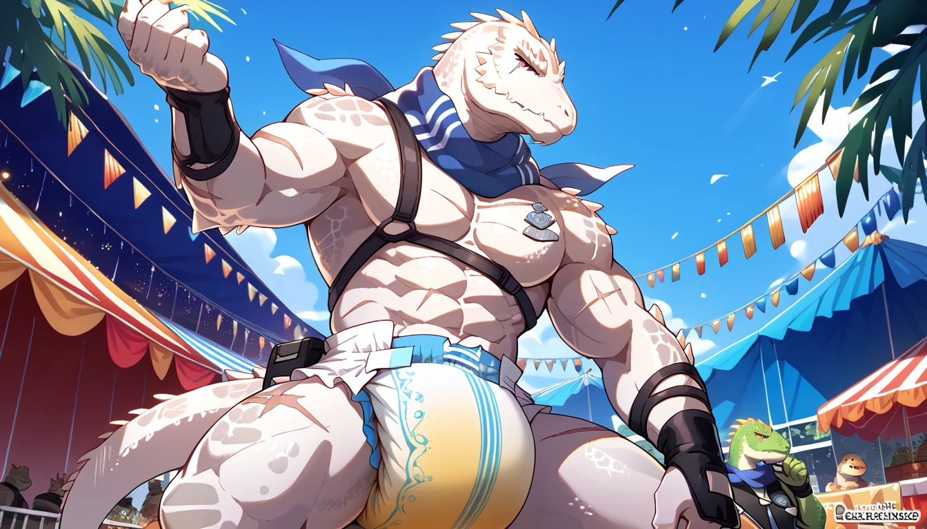 Giant Anthropomorphic Jolteon Pokemon Man, Purple Eyes, Muscular, Looming over the viewer, Tired, Handsome, Charming, View from below, Daddy, Bara, Horny, Flirty, Older Brother, Four toed feet, teasy, teasing the viewer, Macro, Bully, Jock, flirting with tiny viewer, Floral Swimshorts