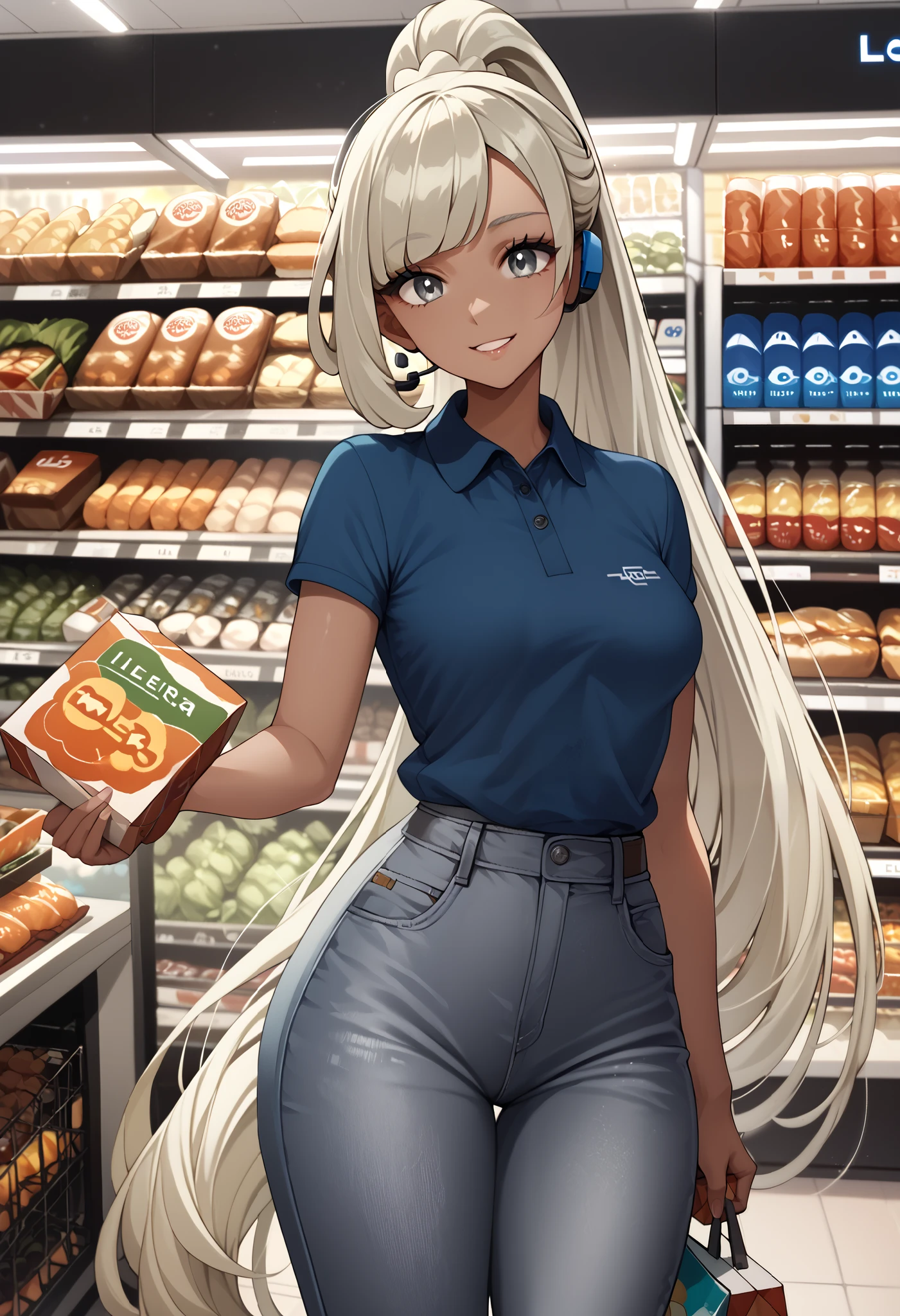 Solo, 1girl, medium breasts, small waist, small hips, thick thighs, pokemonselene, platinum blonde hair, grey eyes, absurdly long hair, straight hair, long bangs, bangs, ponytail, indoors, supermarket, ((lidl)), skinny, gray loafers, ((blue polo)), short sleeves, polo shirt, ((grey jeans)), single ear headset, holding box, ((dark skin)), long top, cowboy shot, skindentation, slight smile,