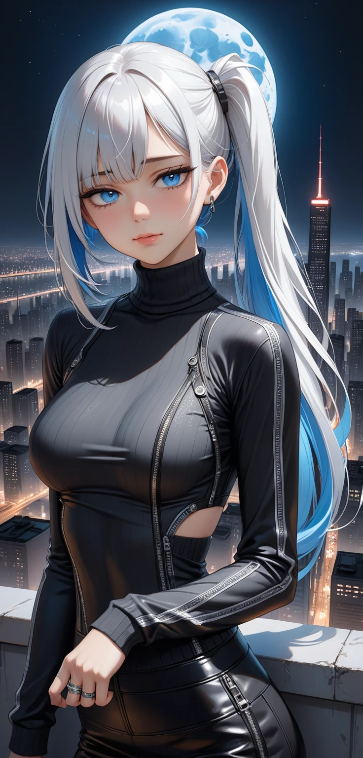 Mujer semi-desnuda ropa transparente futurista de anime en la ciudad nocturna con luces de colores brillando en su piel, Cabello corto blanco y azul pastel de color rosa, Ojos morados pastel, pechos enormes, escote profundo, Pastel dyed hair, cabello naturalmente blanco, Antecedentes altamente detallados, Fondo de pantalla de 8k, (Cara y ojos detallados:1.4), (cabello detallado:1.3), (warm lighting:1.5), (Dynamic Angle), (dynamic pose), (dynamic background), (Experiencia visceral), intense emotion, Ojos altos y detallados, (Sombras), (RGB LED lighting), pelo corto, hair naturally dyed pink white blue and green, Las luces de colores brillan, Edgerunners cyberpunk, Escaso atuendo, Abdomen expuesto, Altos hipsters, sombra de ojos roja.