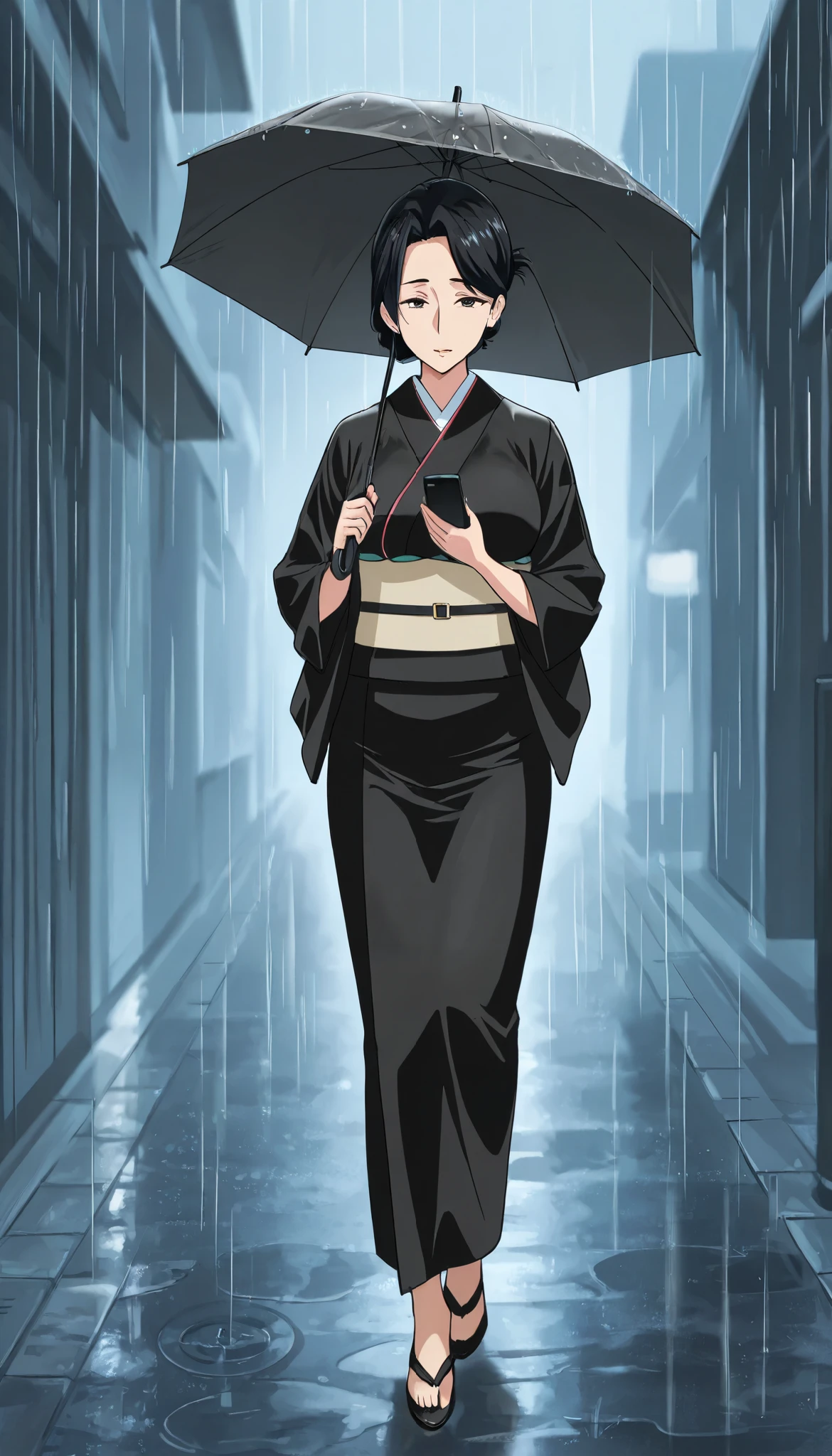 a mature woman , walking in street at night ((( black kimono)) ,((folded hair bun)) in black color, standing straight , Holding umbrella in rain walking straight, checking phone messages (( third person front view)) ((full body view)) ,((guilty sad expression)) ,