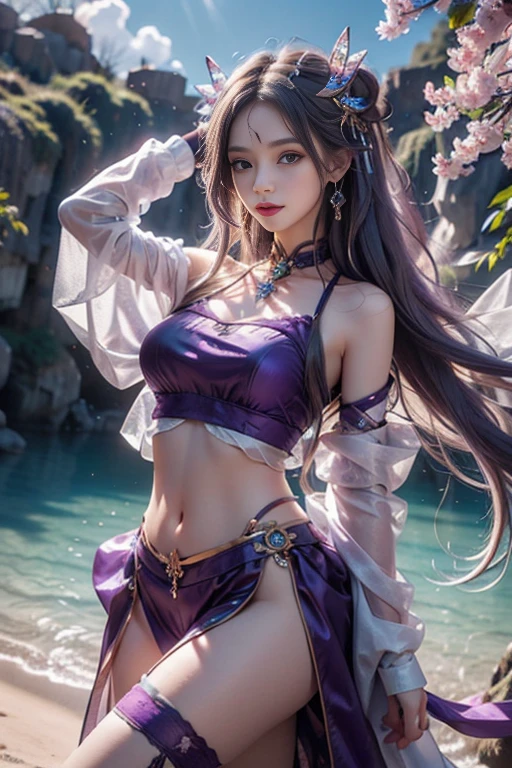 8 K, ultra HD, masterpiece, HD colors, 1 girl, perfect face, Very long curly hair, detailed eyes, simple clothes, ((purple clothes)), stocking, ((crisscross lace)), sardine, belts, Clean clothes, ((long loops)), Jewelry, coastline, Realistic landscapes, epic landscapes, Sunrise, evening, clouds, Butterfly, cherry blossom, blowing wind, perfect pose,