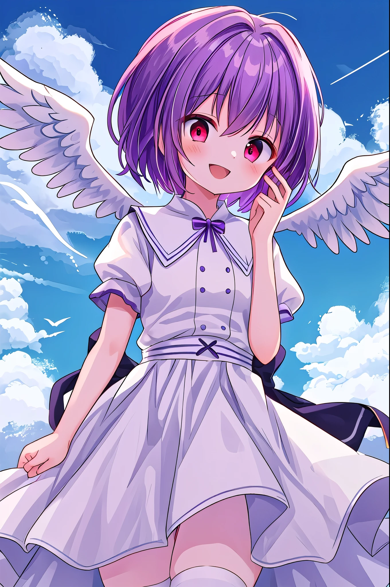 masterpiece, best quality, good quality, newest, 1girl , purple hair , red eye , short hair , costume( white dress)、Cosplaying as an angel、 I wear white clothes、 white dressを着る、An angel's something is above my head、background(Above the Clouds)、Above the Cloudsにいる、 expressions(smile)、