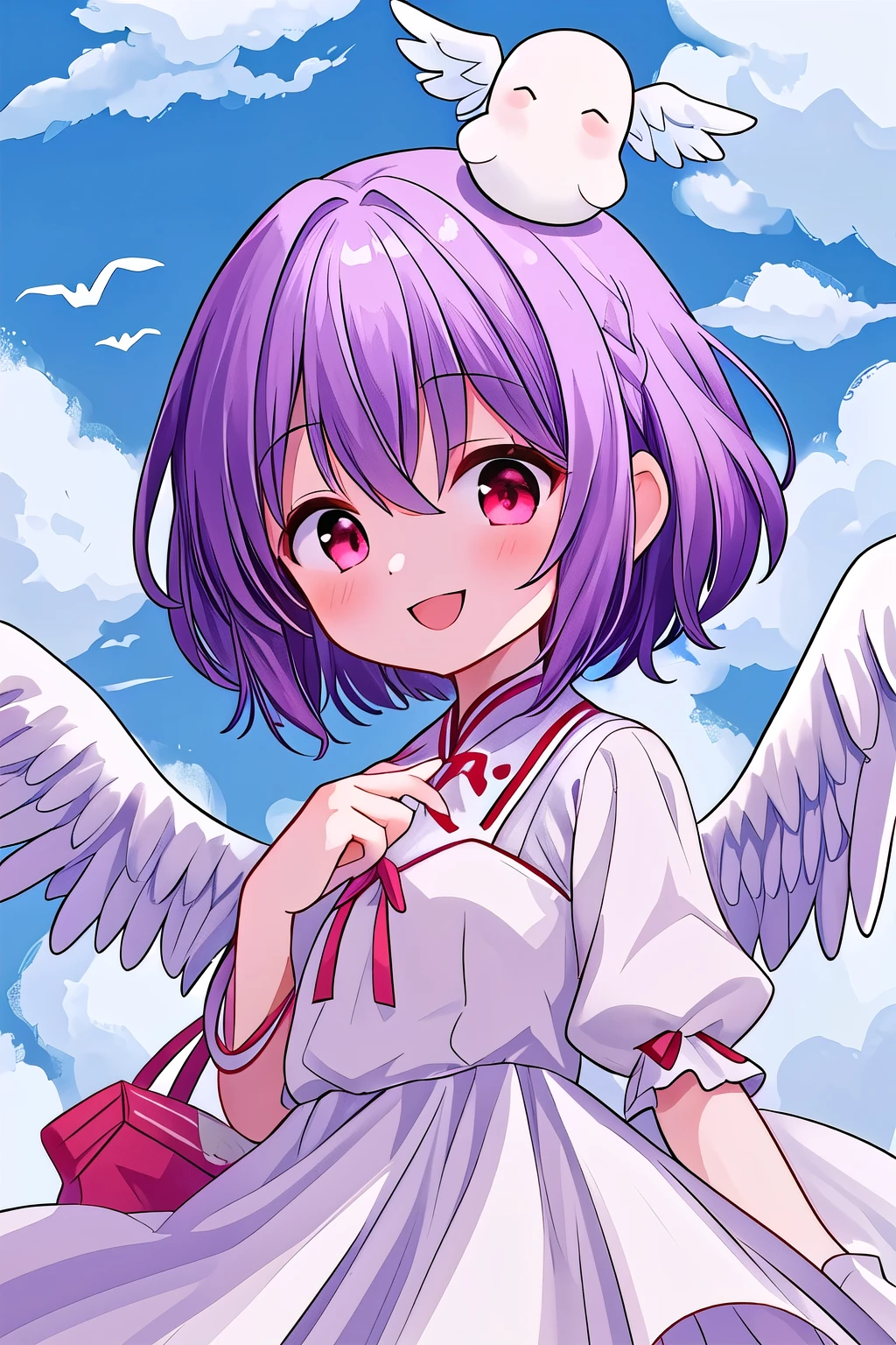 masterpiece, best quality, good quality, newest, 1girl , purple hair , red eye , short hair , costume( white dress)、Cosplaying as an angel、 I wear white clothes、 white dressを着る、An angel's something is above my head、background(Above the Clouds)、Above the Cloudsにいる、 expressions(smile)、