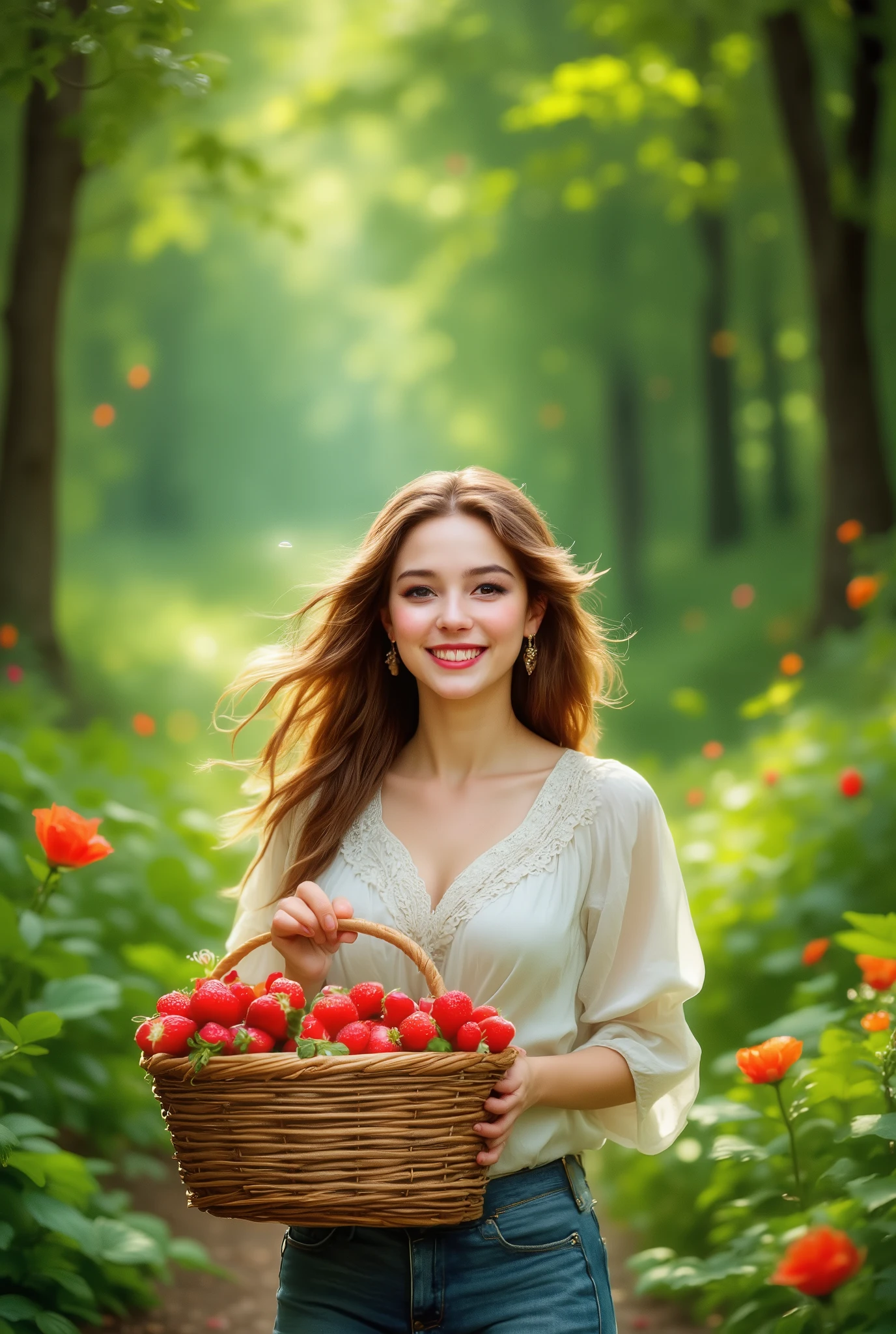 Sunny summer day , beautiful walk A girl with a basket through the Forest where strawberries grow, with beautiful wild flowers , dressed in a beautiful blouse and beautiful jeans , long hair develops in the wind , smile, masterpiece, best quality, maximum quality , 8 k, complicated details, digital processing , high resolution, Lots of Details ,