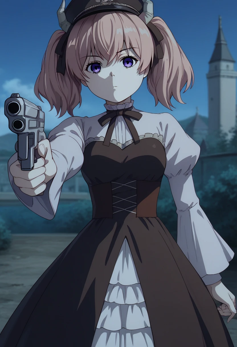 heikevahs,1girl,fates maid,standing,facing viewer,short hair,pink hair,heart brooch,red gem,raised arms,holding gun,(submachine gun),pantyhose,masterpiece,best quality,absurdres,in mansion,indoors, <lora:HeikeVahsV2-10:0.6>, <lora:FEFatesMaid_v1:1>