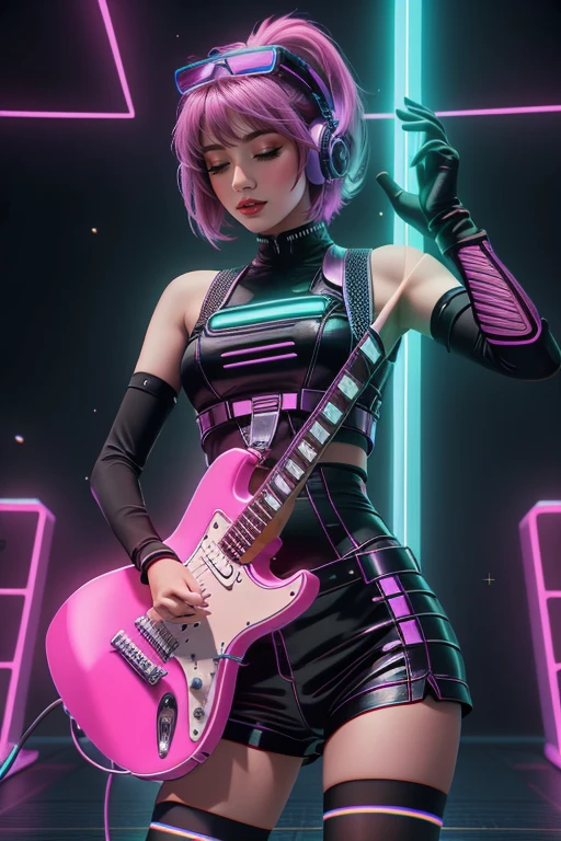 1. **Choose bright neon shades**: Use rich colors, characteristic of retrofuturism, such as pink, violet, blue, orange,mint,azure,yellow. Neon shades will create a spectacular contrast and emphasize the aesthetics of the style..

2. **Create atmospheric lighting**: Use a variety of light sources, to recreate the mystical atmosphere. Scattered neon light or rays, penetrating through the haze, will add depth and mystery to the work.
3. **Draw a rockstar woman in a dynamic pose**: Picture her playing the electric guitar with great attention to detail - fingers, touching the strings, facial expression, immersion in music.
4. **Add Elements ретрофутуризма**: Instead of ordinary musical instruments, add futuristic details - an electric guitar with neon lights, Space accessories, cyberpunk elements.
5. **Emphasize the retrowave and synthwave style in detail**: Add Elements, characteristic of these musical styles, such as laser beams, geometric patterns, symbols of the 80s.
6. **Use geometric shapes and lines**: Retrofuturistic style often includes geometric patterns, smooth lines and abstract shapes. Experiment with composition, to create a dynamic and exciting image.
7. **Don't forget about the details**: Add elements to your environment, which will help create an atmosphere. You can use vintage furniture, palm trees, space landscapes or even spaceships in the background.
8. **Give priority to your mood**: Focus on conveying emotions and mood through colors, lighting and character gestures. Let the viewer feel the vibrations of the music and the atmosphere of the game setting.

