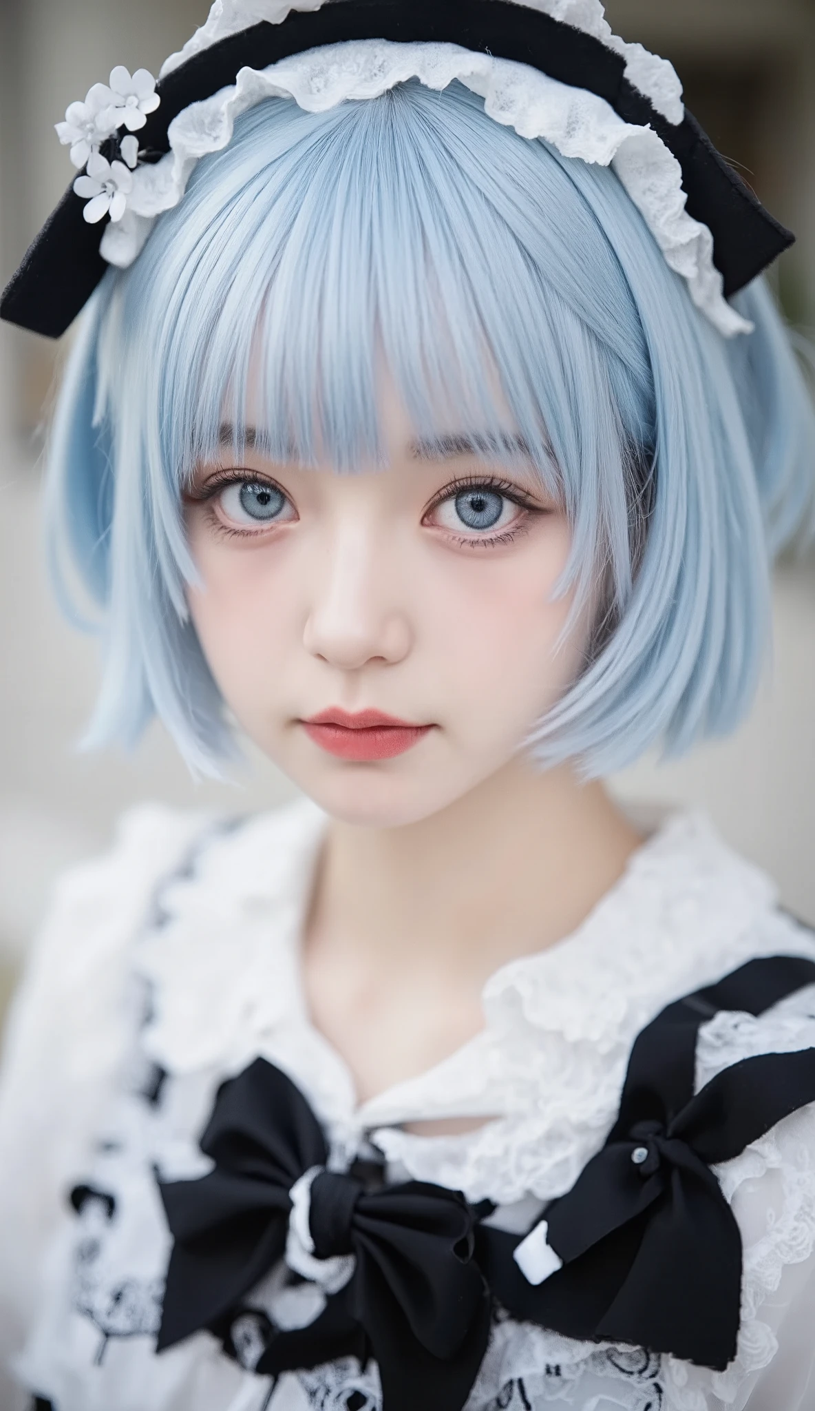 A young woman with short, pastel blue hair styled with a black headband featuring white flowers and ear-like accents. She wears a black and white maid outfit, adorned with lace and ribbons, and has striking blue eyes highlighted with makeup. The background is softly blurred, focusing on her face and outfit, which emphasize a playful and cute aesthetic.