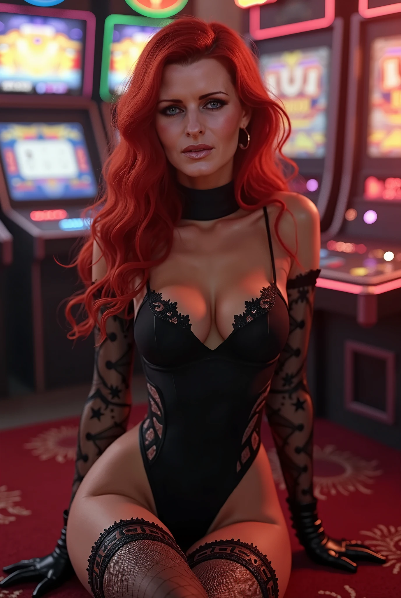 a hot red-haired woman with long hair, toned skin, photographs advertising online casino roulette wheels on a blue background, blurred LEDs0
