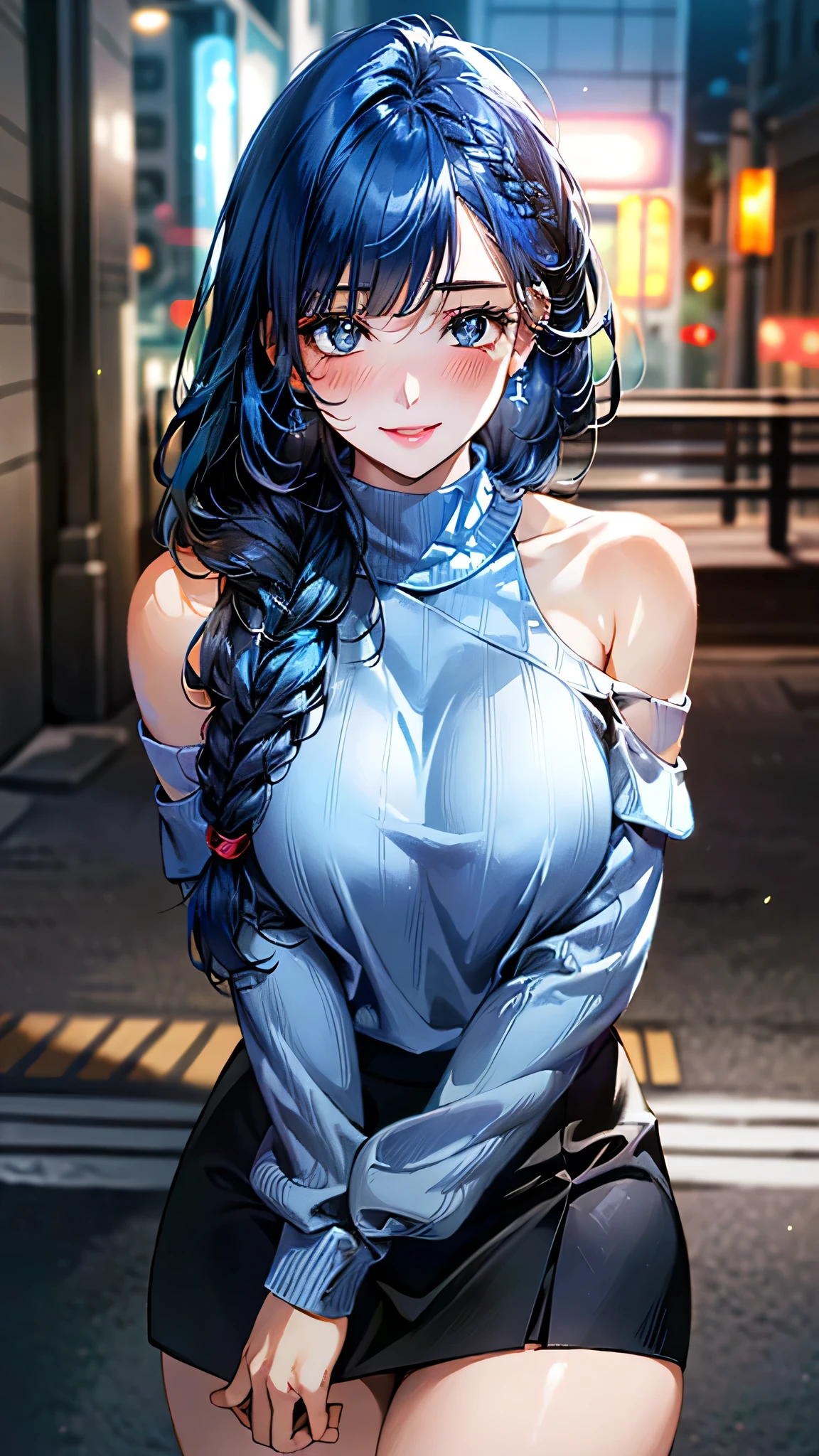 top-quality、Top image quality、masterpiece、girl with((18year old、Best Bust、Medium bust、Bust 85,Beautiful blue eyes、Breasts wide open,Black Short Sleeve T-Shirt、White see-through、Black short skirt、Ponytail with black hair、Smile Face、Beautiful blue earrings、emphasis on the buttocks、A slender、Height 175cm,Leaning forward、Blue hair mesh、sit a chair))hiquality、Beautiful Art、Background with((Red and blue lighting、beautiful night scene、Inside the Ferris wheel in motion、)),masutepiece、Elaborate design、visualart、depth of fields、The best lighting、highestdetailed、8k