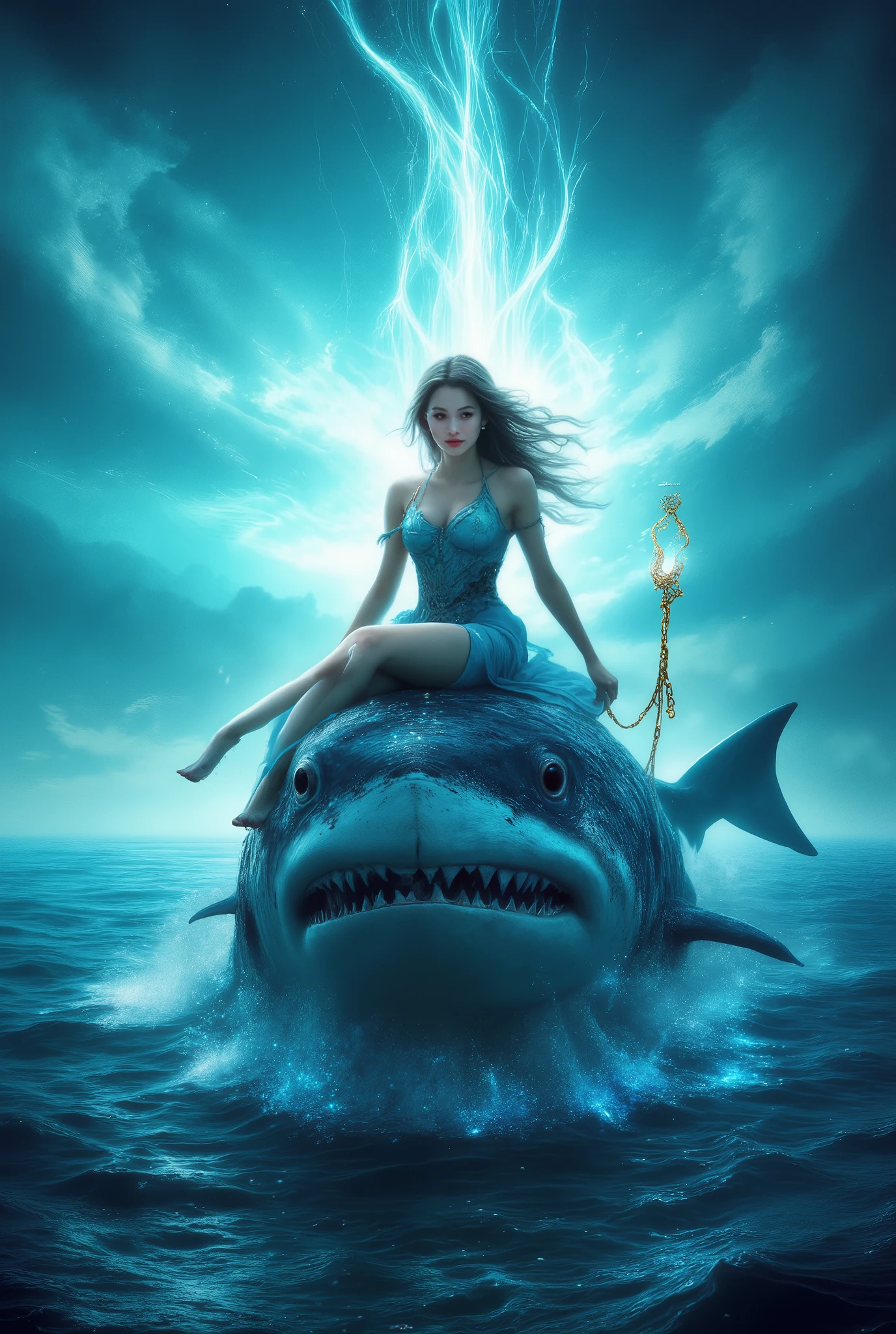 Beautiful wallpaper, стиль phantesis , best quality, 16K, perfect image , complicated details, beautiful colors , maximum quality , high resolution, Beautiful fish The shark is huge on which the girl is sitting, in her hand Beautiful chain with golden glow and glitter , sea surface , Beautifully seen in detail The girl on the Shark , clouds, Mysticism, magic, phantesis , beautiful blue sky bright , (( masterpiece)),