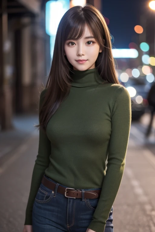 one 19 year old girl, (Dark green turtleneck thin sweater), Raw photo, highest quality, photorealistic, very delicate and beautiful, very detailed, 8K wallpaper, High resolution, soft light, very detailed目と顔, beautifully detailed nose, detailed and beautiful eyes, cinematic lighting, night city lights, perfect ???????, slender body, well-shaped chest, straight hair, smile, asymmetrical bangs, light brown hair