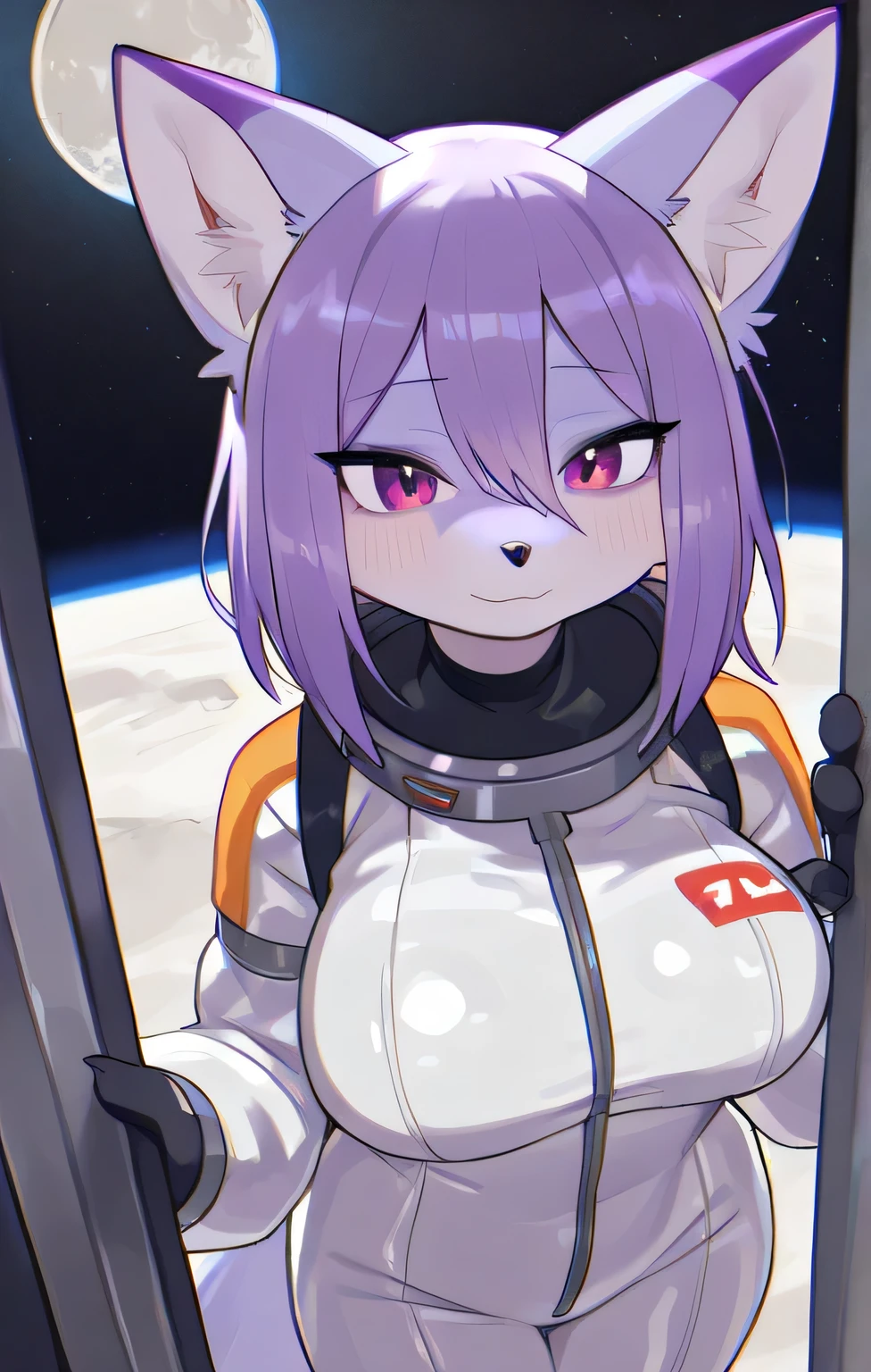 Solo, male, standing, (((femboy, girly))), red military (((spacesuit))), canine, hair, space, spaceship, window, ((by bebebebebe, by buta99, by pgm300)), snout, hips, bulge, (wide hips), ((feminine))