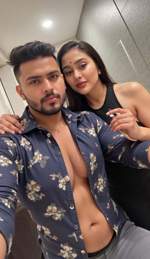 indian wife in bra and thong with her husband in hotel room taking a selfie