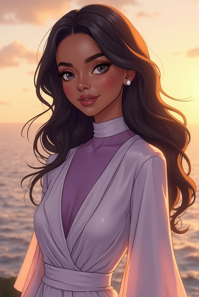 A girl with brown skin tone and curly hair.
Wearing full sleeve navy blue gown.
serious pose. Anime character.