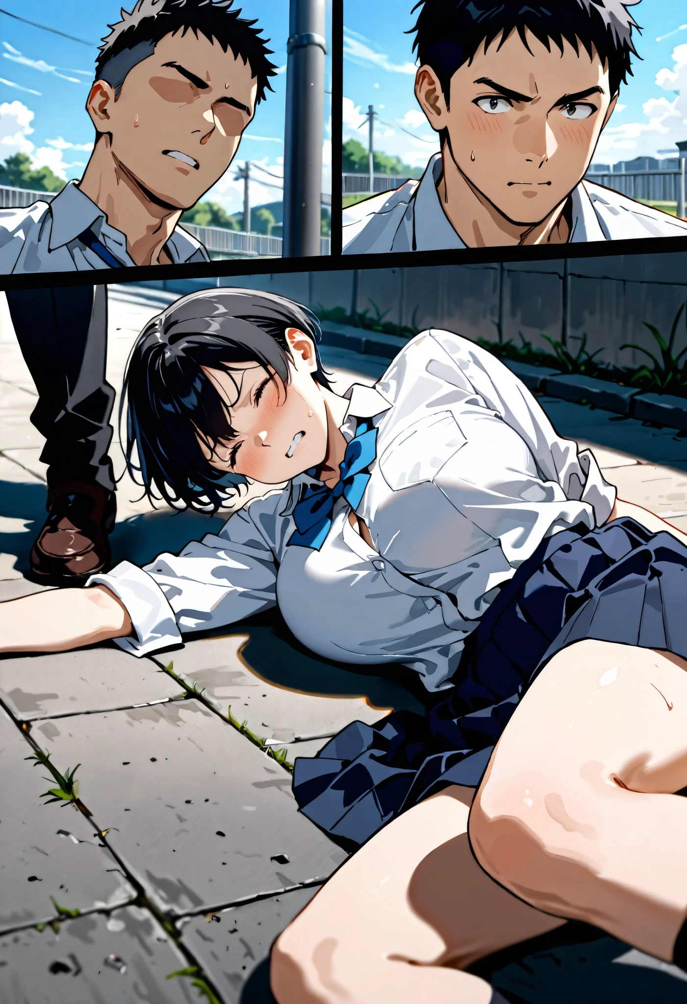 Anime scene of a man and a woman laying on the ground - SeaArt AI