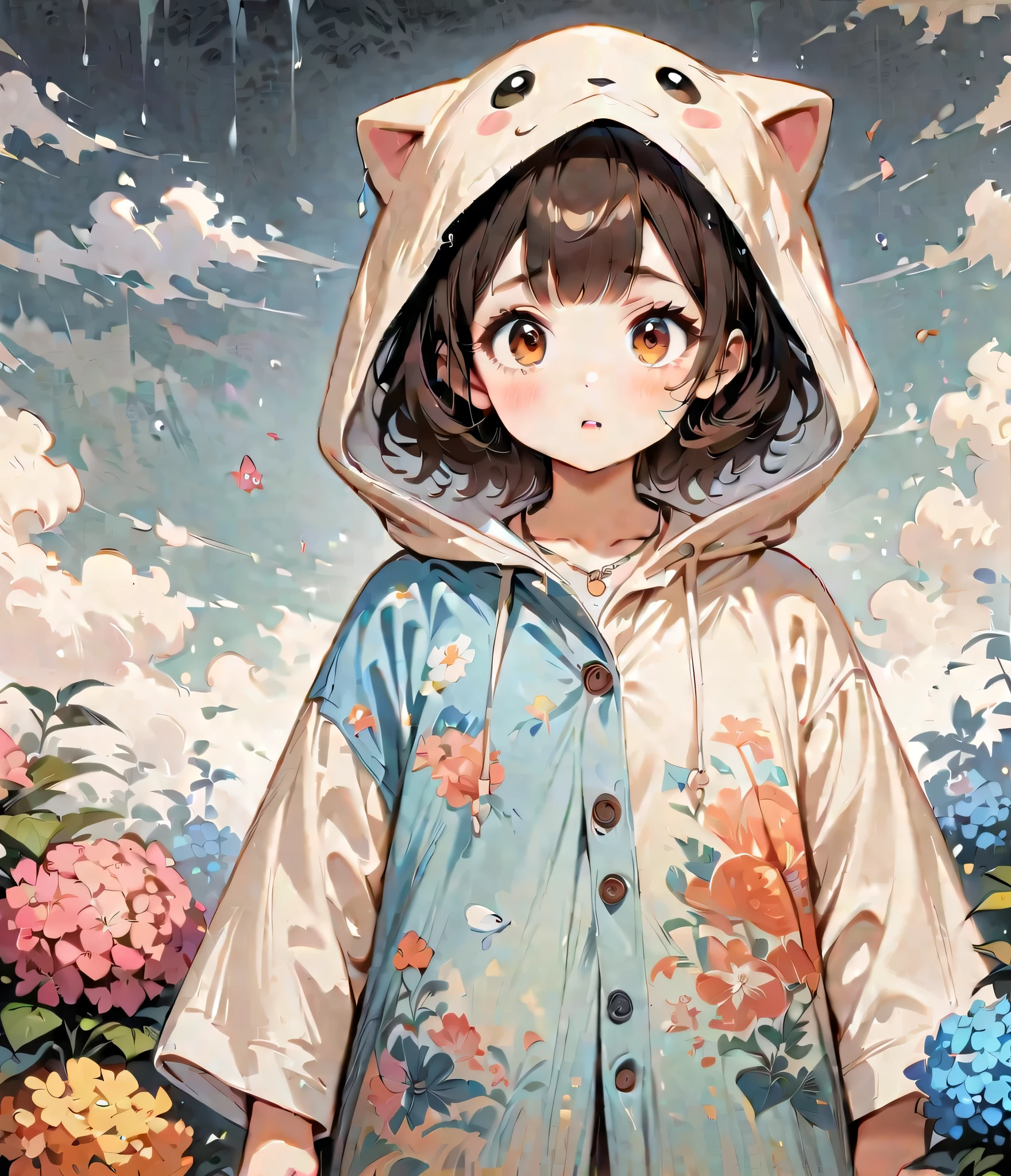 Eliminate the hood。Dark brown hair、short hair、When it rains, a rainbow appears。Hydrangeas of various colors(masterpiece, Highest quality:1.2), Cartoon style character design,1 Girl, alone,Big eyes,Cute expression,,Floral Shirt,interesting,interesting