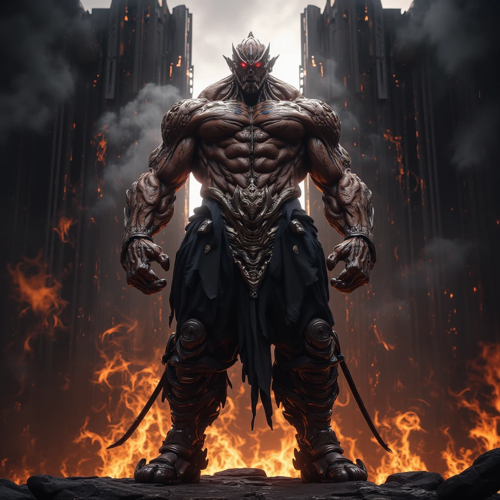 Fantastic and realistic image, mythologie africaine, black background with thunder, Image d'un esprit avec la forme d'un homme noir qui tient sa main droite une lance et dans sa main gauche un bouclier, homme noir et robuste. Regard en feu, On his head there is a ring of white light, peau noir, craintif, Flammes, The scary air, debout sur la montagne, menacing look, Face camera photography, natural light, photorealism, cinematic rendering, Ray Tracing, highest quallity, The highest detail, cinematic, Effet de flou, Exposition longue, 8k, ultra-HD, natural lighting, moody lighting, lighting cinematic , (High Key)
