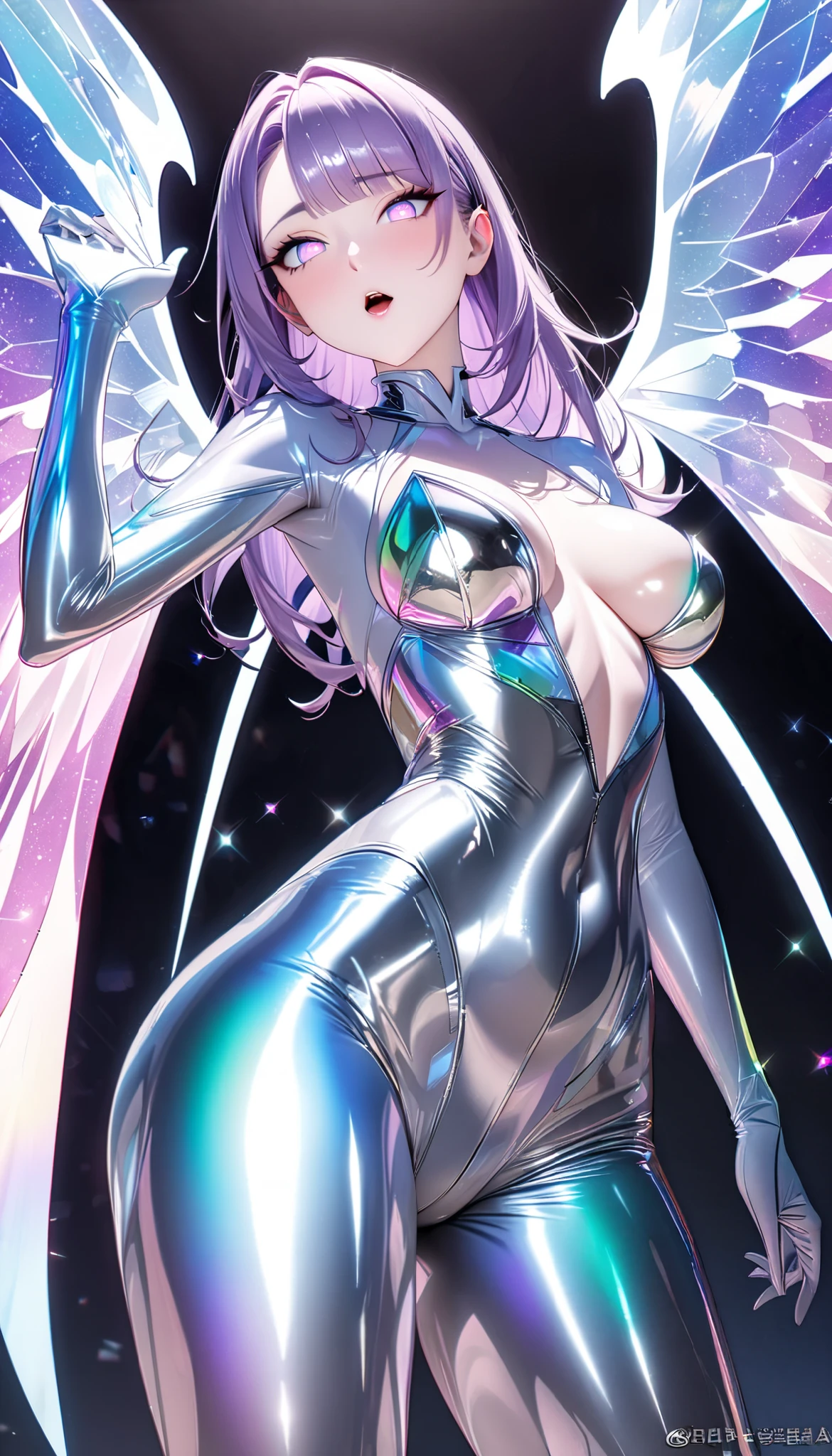(Angelic Very beautiful cute girl),
Beautiful detailed eyes, 
Detailed double eyelids,
(Cute eyes),
Light pink long hair、Sharp focus on the chest of the twintails, adorable smile beautiful detailed face and eyes, 
drooping eyes,BREAK  
(Super Gloss Metallic Coral Yellow Transparent Holographic Suit:1.2), (Super Tight Fit Holographic Suit、Superreflective surface:1.5),
(Super Tight Fit Holographic Suit:1.5) ,
(Super Reflective Holographic Suit:1.3),
small nose,(medium breasts:1.3),
Beautiful legs,
(Best Quality:1.2),
Raw photo, 
High resolution, 
perfect  detail, 
Professional Photography, 
Professional Lighting,
Strong lighting of the bodysuit ,Long leg、white background
