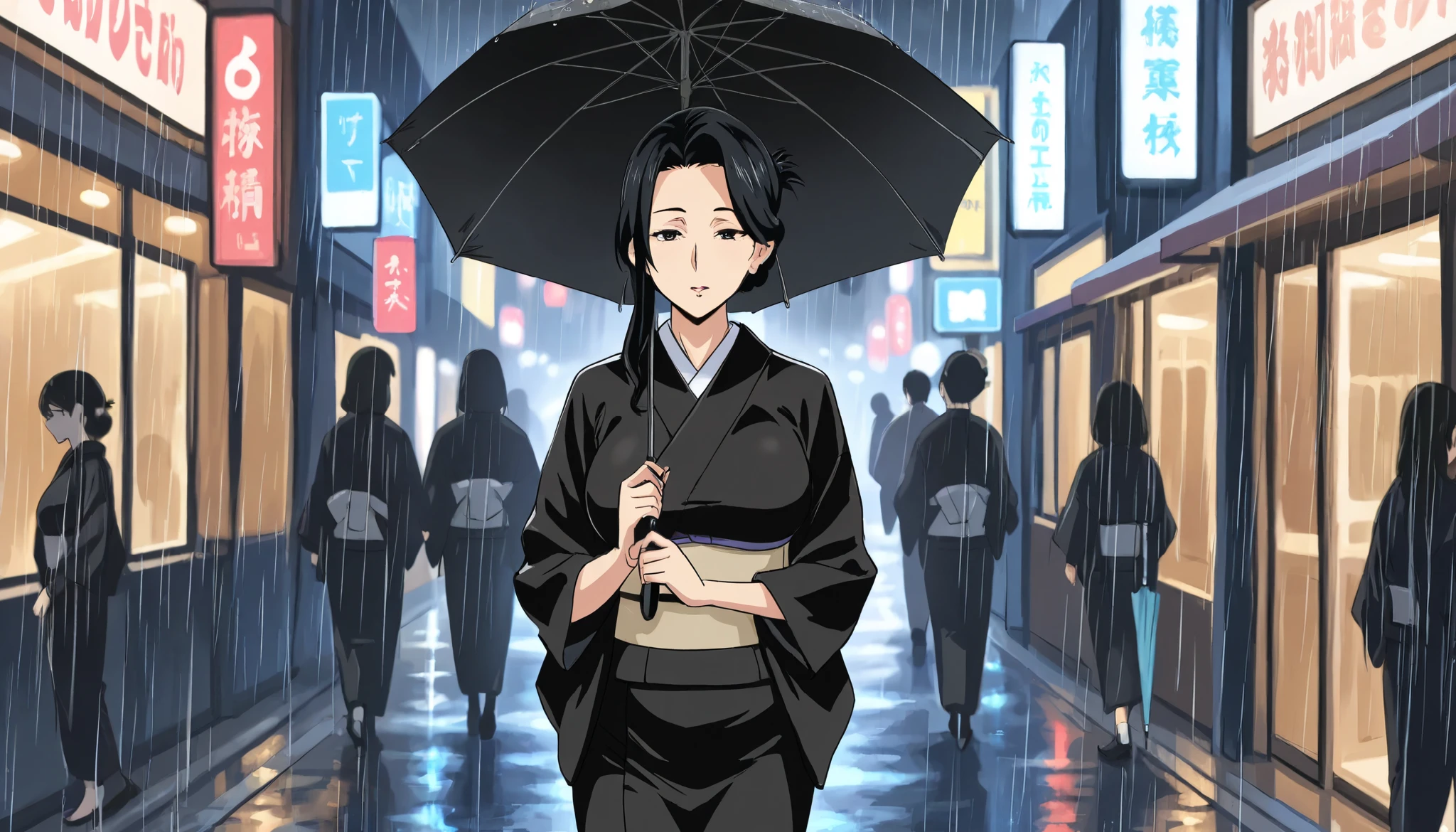 a mature woman , walking in street at night ((( black kimono)) ,((folded hair bun)) in black color, standing straight , Holding umbrella in rain walking straight, checking phone messages (( third person front view)) ,((guilty sad expression)) ,