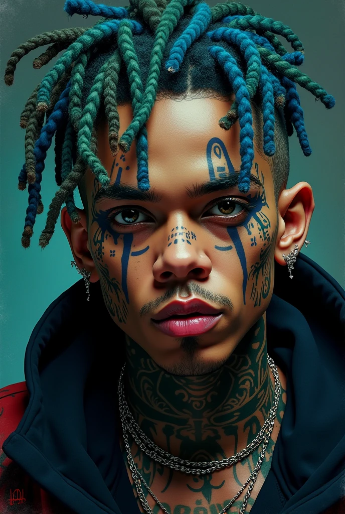 A trapper with small purple dred, shirtless with tattoos, it's stylish, at 22 years old without a beard, the United States singing, in town, do it in the van gogh style