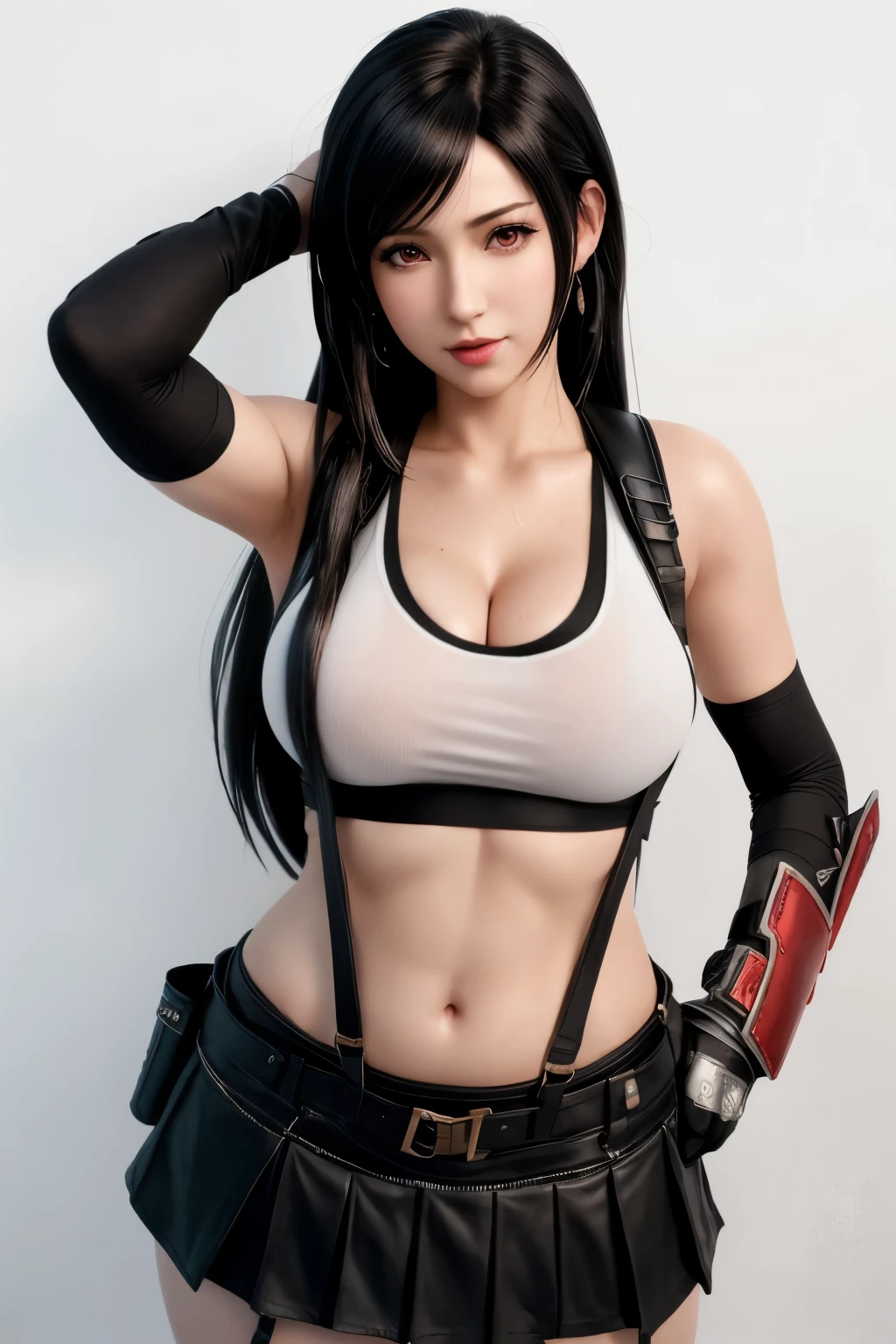 8K, Top Quality, Intricate Details, Ultra Detail, Ultra High Resolution, Masterpiece, close up shot, (full body: 1.1), Slender, Smile, (Makeup: 0.4), (walking), (Fluffy Eyes: 1.21), ((bangs)), 1girl, solo, 1 girl, (((red eyes, black hair, bangs, long hair)), ((Tifa,Tifa・lockhart,Final Fantasy 7,FF7,l)), close up shot, , ((tall)), (((fit body))), (((slim face))), sharp face, ((cybersuit,)) , (detailed face), sharp face, small lips, ( walking), walk pose, walking pose,
((, )), , ((,)), detailed face, detailed breast, large breast, (( )), detail ass, Narrow Waist, Skinny, tall , 175 cm tall, Muscular, Navel, Exposed Abdomen, Pointed Chest,, Beautiful girl with accentuated slender abs: 1.4, Six Pack Abs: 1.4,, Perfect Body, detail leg, (( dark background)), black background,