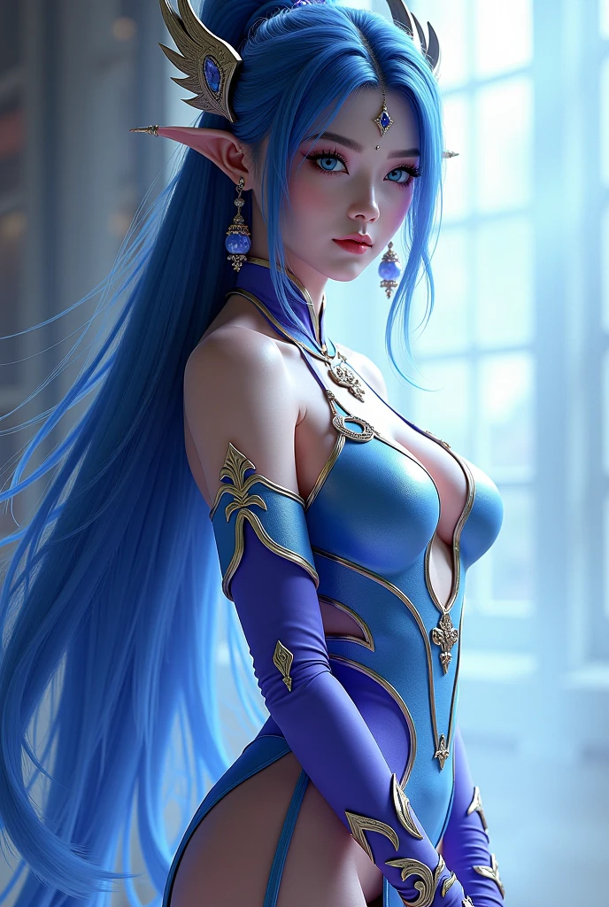 (Best quality, masterpiece, ArtStation, Fantasy Art:1.2), a dim dark palace room, a beautiful cute girl sitting in water pool, (long green hair, tiara:1.1), (intricate body paint, blue crop top:1.2)