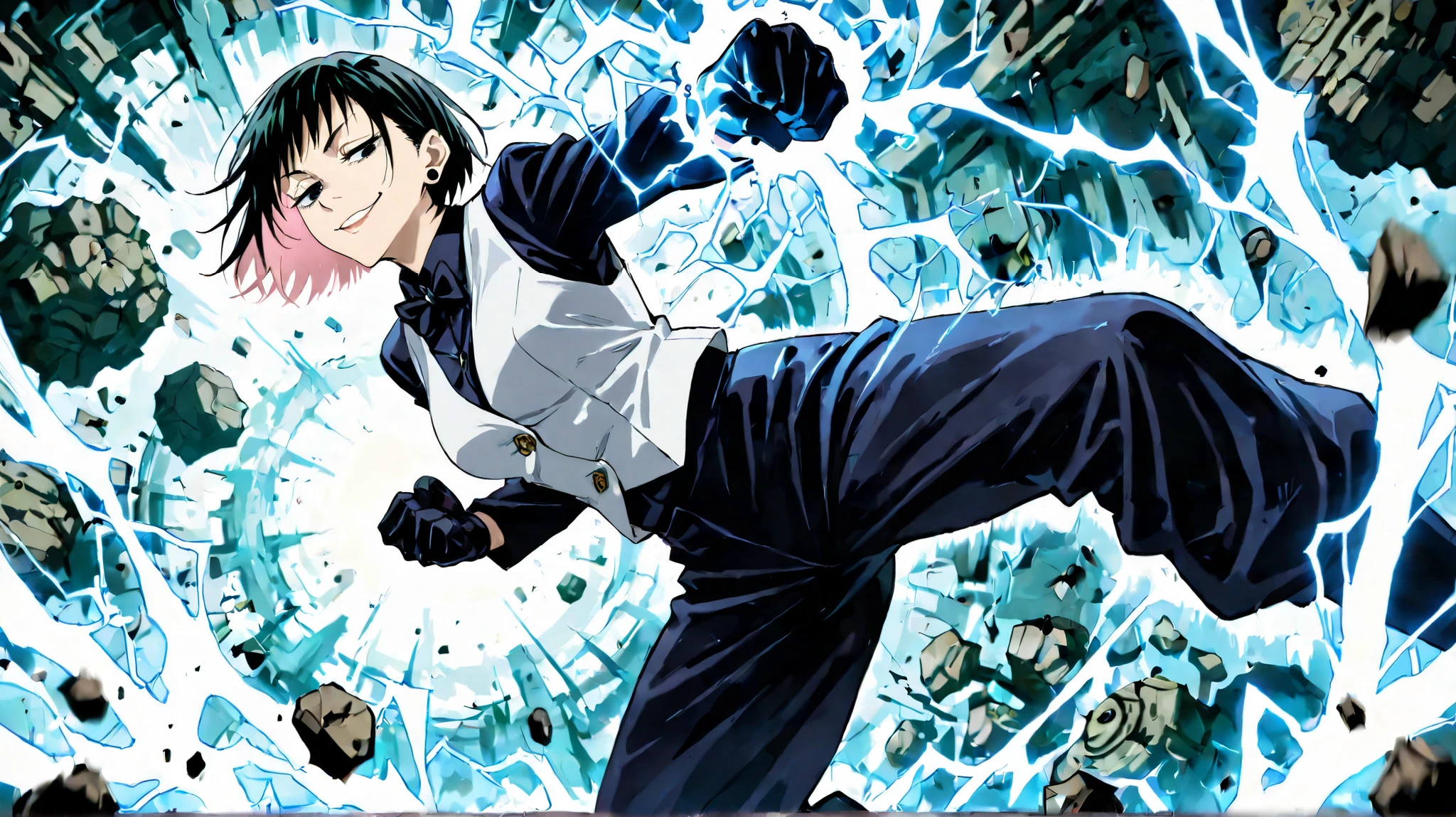 absurdres, best quality, high resolution, perfect lighting, (high detail), (jujutsu kaisen style), (1 girl), jujutsu sorcerer, (short hair), black hair with pink streaks, black eyes, ear studs, smug, (white vest), (black dress shirt uniform), black bow tie, black gloves, black pants uniform, (flared pants), bar, punching, motion blur, electricity engulfing fists, (detailed environment), (cover art), ((foreshortening))