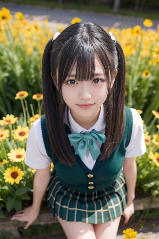 from above,(wariza:2),Crying and laughing face,look up,10-year-old Elementary school girl with long black hair