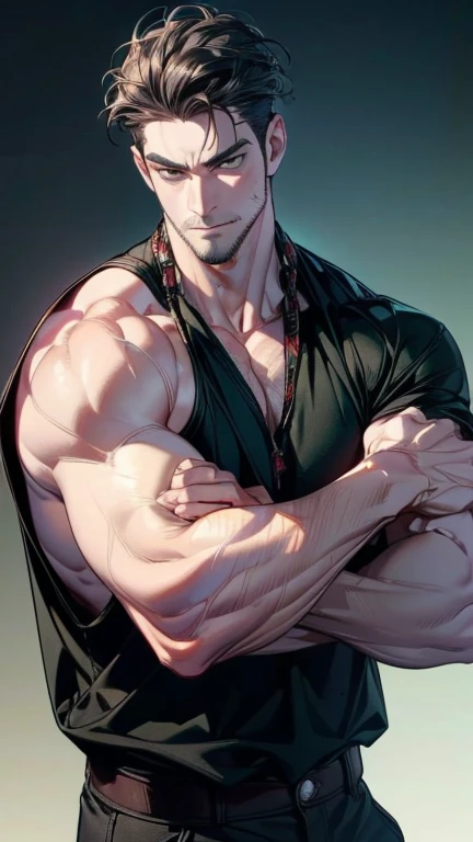 masculine man, muscular, deailed body, gay, detailed, elegant suit, hairy body, veiny hands, katakuri, black hair, seductive look
