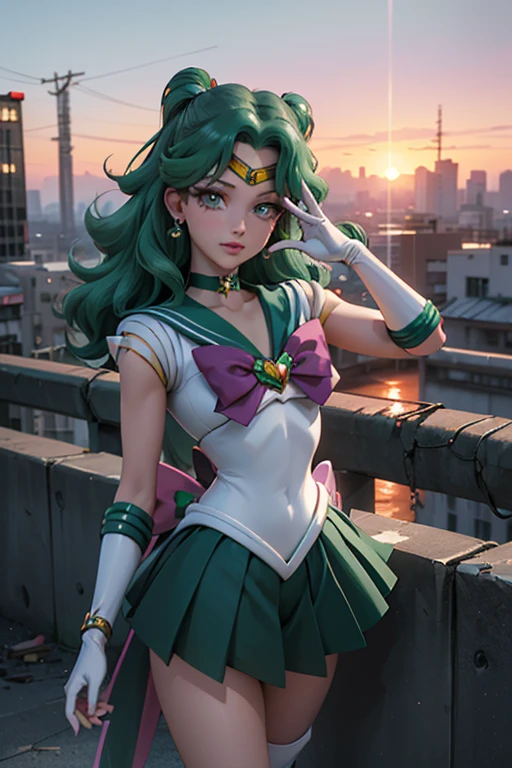 (La mejor calidad,A high resolution,Ultra - detallado,actual),Ariana Grande (Uniformes de marineras senshi:1.4), cabello verde oscuro, cabello mediano, Falda suplicante, (Guantes blancos de codo:1.1), joya, pecho mediano, dynamic background, dynamic posture,More detailed 8K.motor irreal:1.4,HD,La mejor calidad:1.4, fotorrealista:1.4, textura de la piel:1.4, obra maestra:1.8,obra maestra, mejor calidad,objeto Objeto], (rasgos faciales detallados:1.3),(dedos detailed :1.4 ),(Apocalyptic city destroyed:1.7), gargantilla, (Guante Blanco:1.4), gargantilla verde, Arboledas de codos, joya,(fondo atardecer:1.4),(Marinero Neptuno:1.4),(pose vaquero :1.4), (ojos hermosos verdes :1.4), ,( ciberpunk 2.1), (estilo kawaii :1.4) 